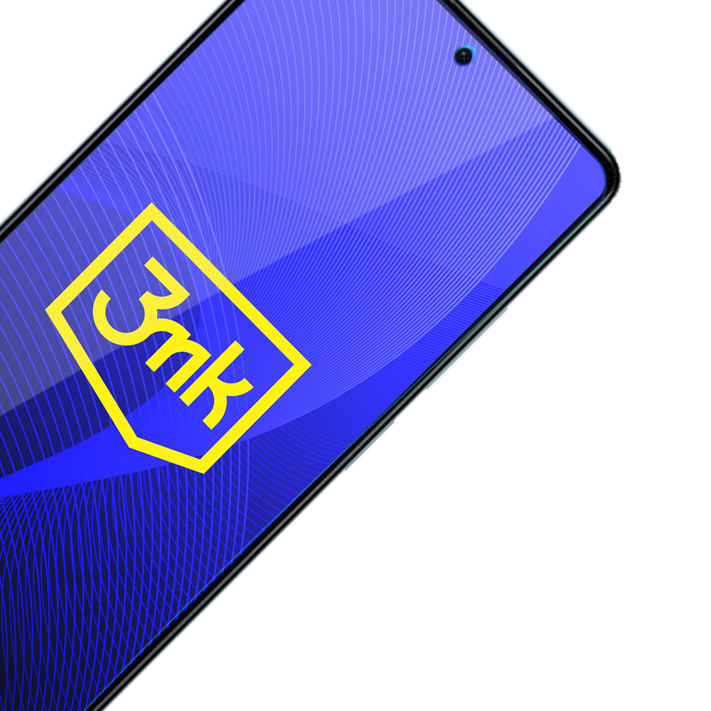 Uno schermo del telefono con il logo 3mk. È su uno sfondo blu con linee, su uno sfondo bianco.
