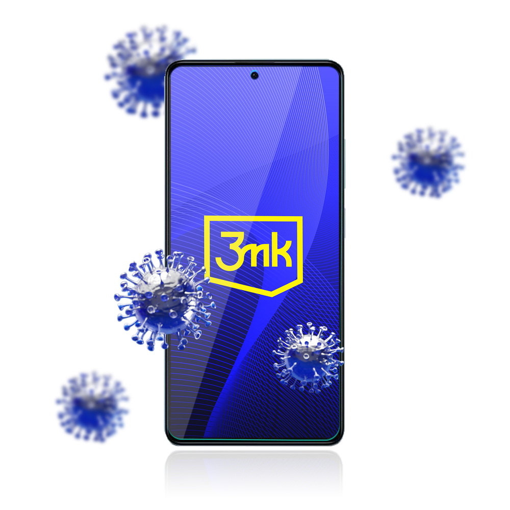 Uno schermo di telefono con il logo 3mk è circondato da illustrazioni di virus. È su sfondo bianco.