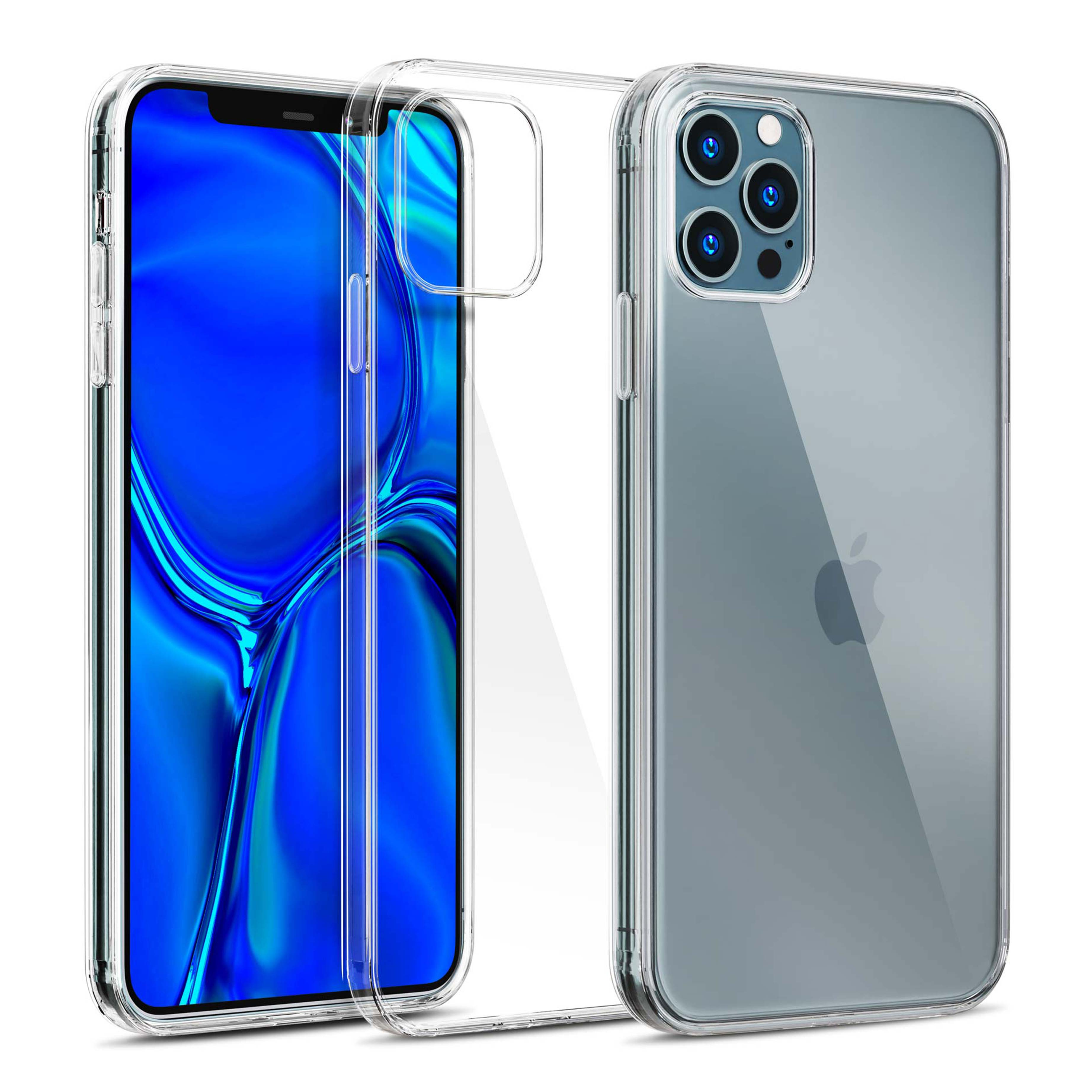 iPhone 12 Pro z przezroczystym etui po lewej stronie i innym przezroczystym etui po prawej. Oba etui są przezroczyste.