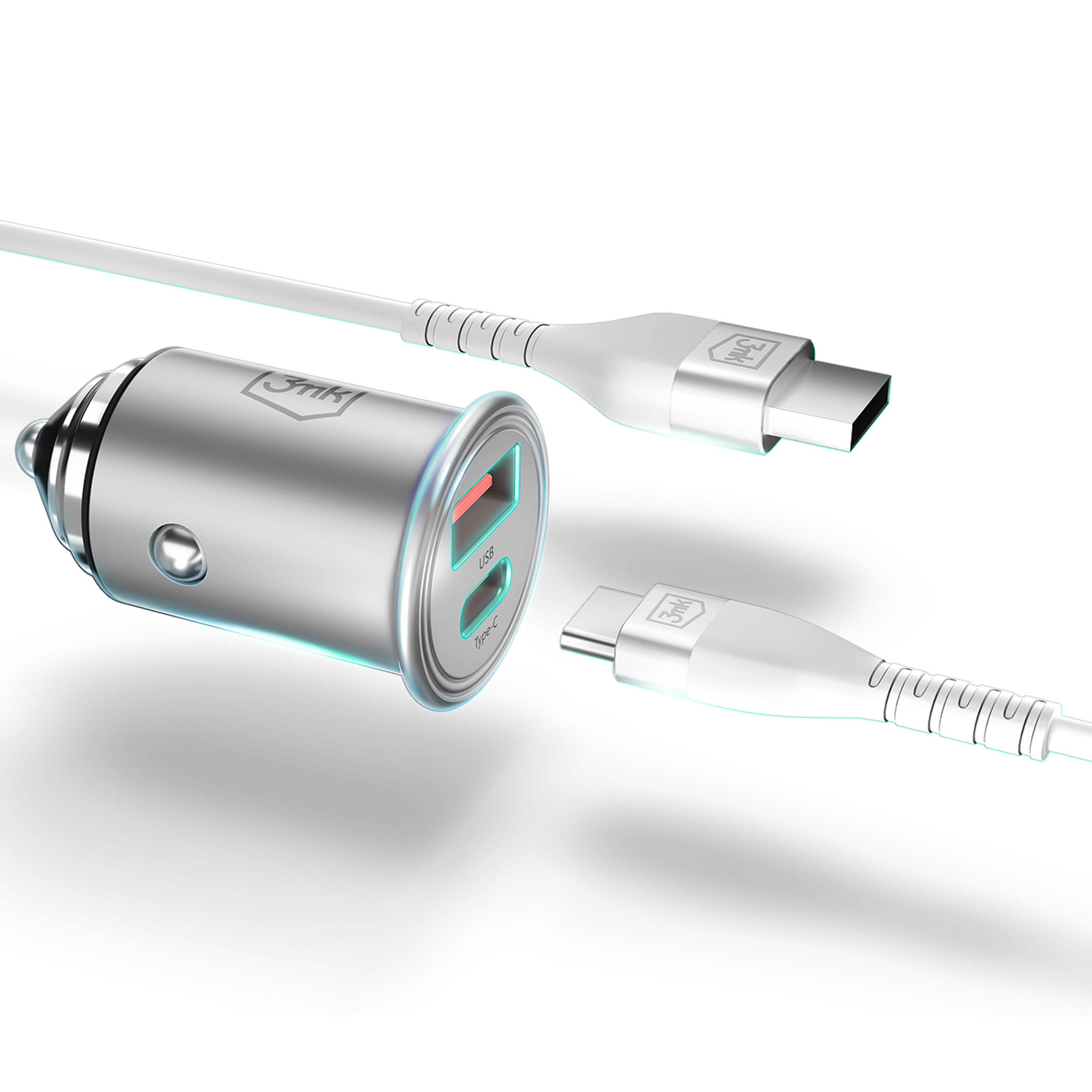 Srebrna ładowarka samochodowa z portem USB i Type-C oraz dwa białe kable ładujące z logo 3mk.