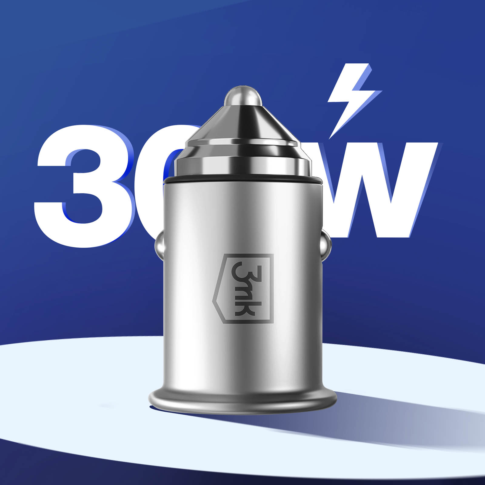 Srebrna ładowarka samochodowa, logo 3mk, na białej podstawie, na niebieskim tle z napisem 30W i błyskawicą.