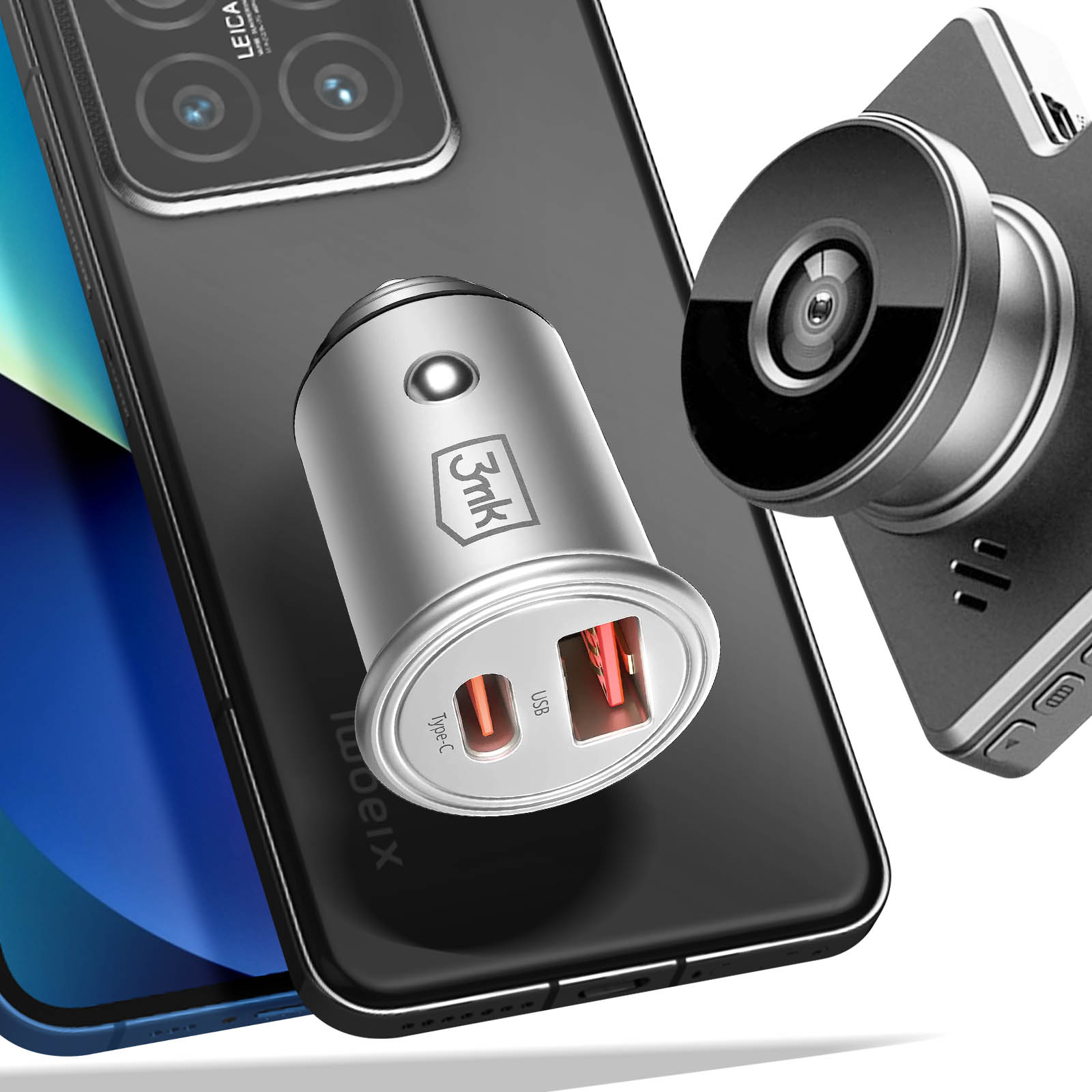Ładowarka samochodowa, telefon i kamera samochodowa. Ładowarka jest srebrna. Telefon jest czarny.