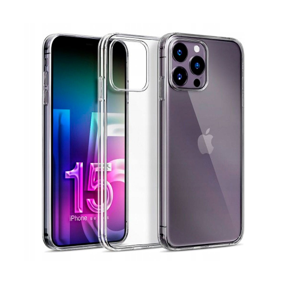 Una custodia trasparente su un iPhone. Il telefono mostra la serie iPhone 15 sullo schermo.