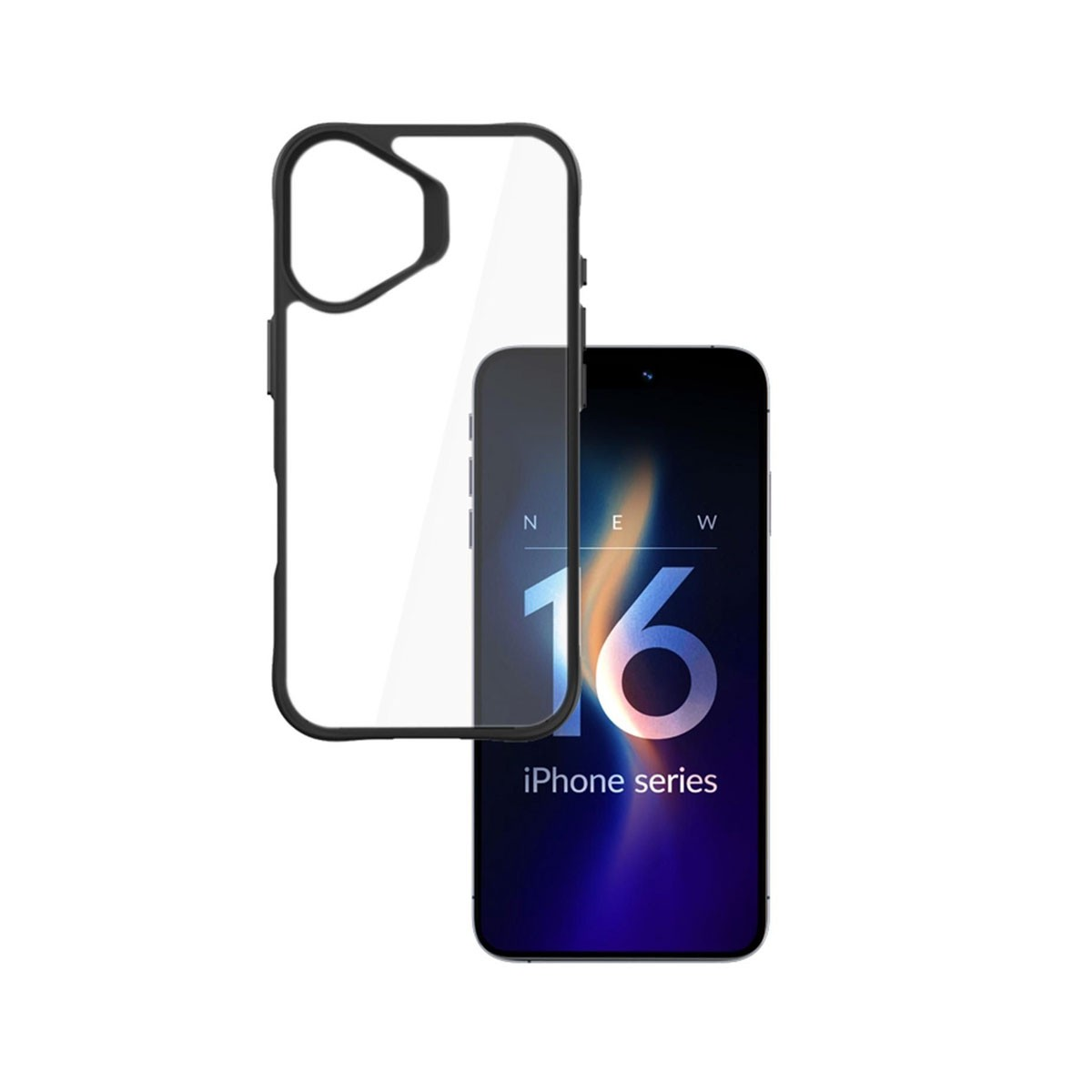 iPhone 16 nero con custodia trasparente. Lo sfondo è bianco.