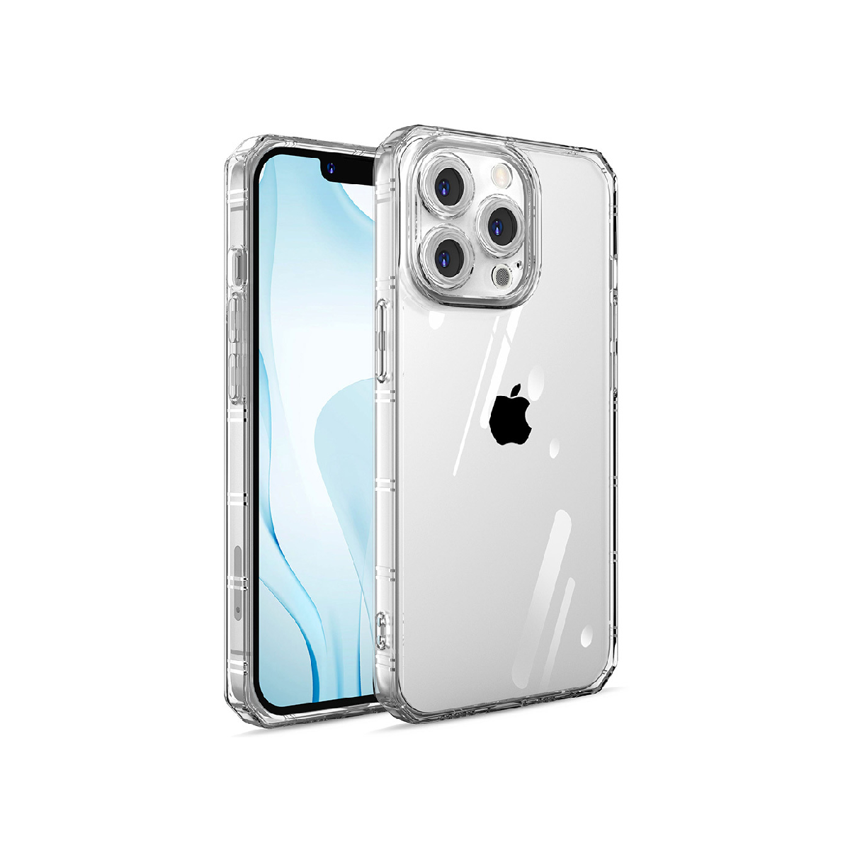 iPhone con custodia trasparente. Lo sfondo è bianco.