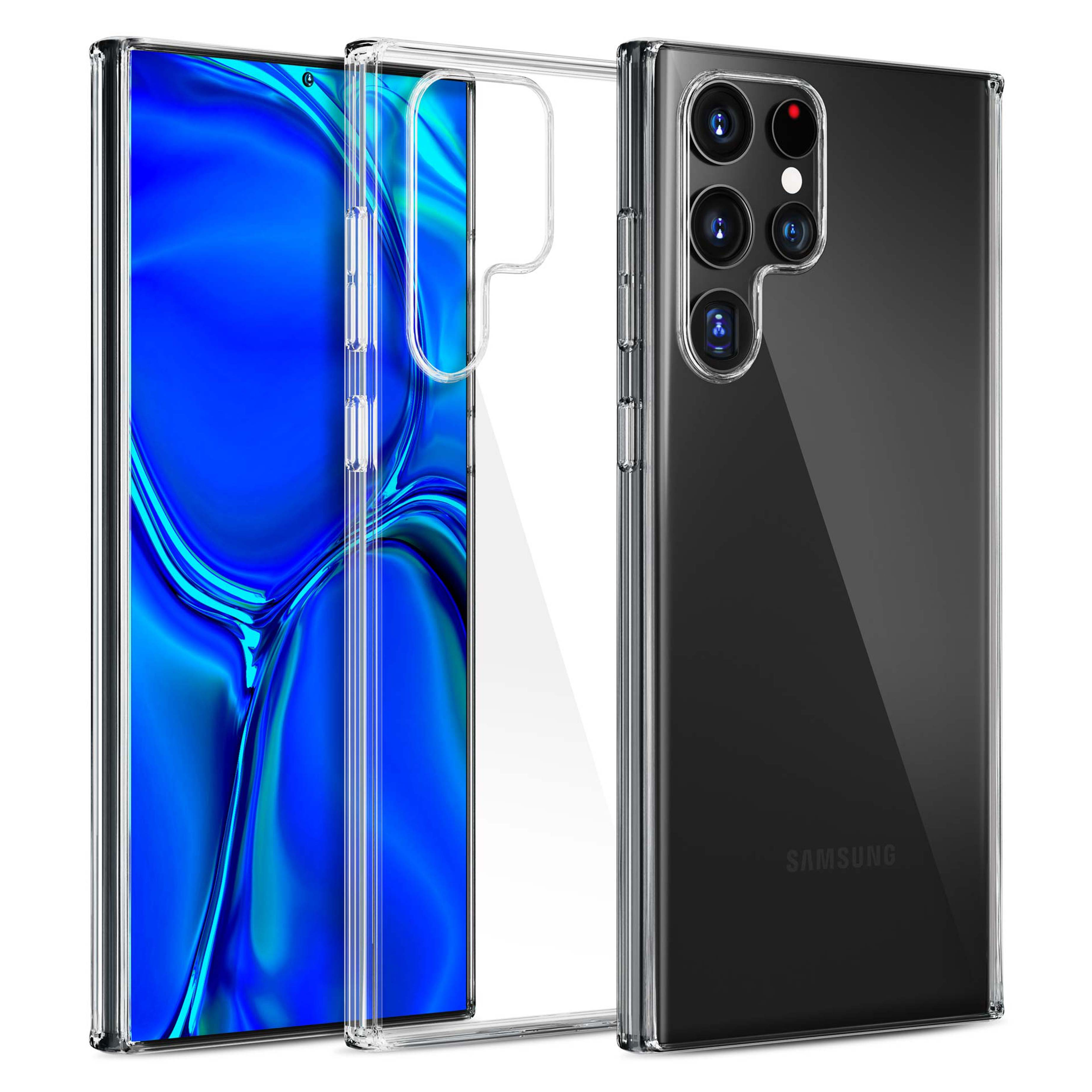 Czarny telefon i przezroczyste etui. Telefon ma niebieski ekran i przezroczyste etui.