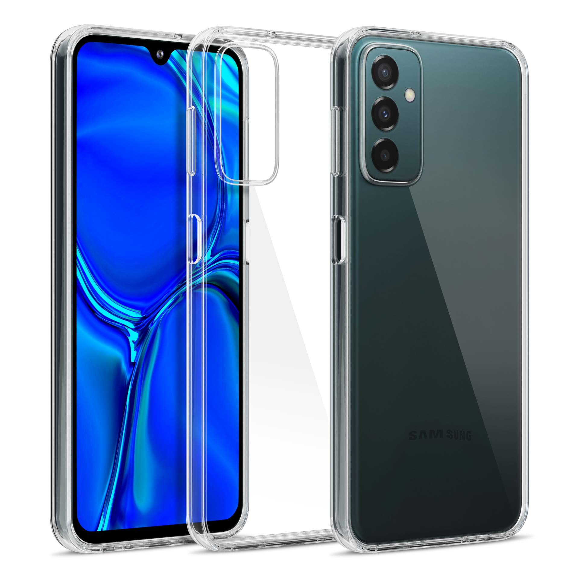 Telefon z niebieskim ekranem i przezroczystym etui. Etui jest na telefonie.