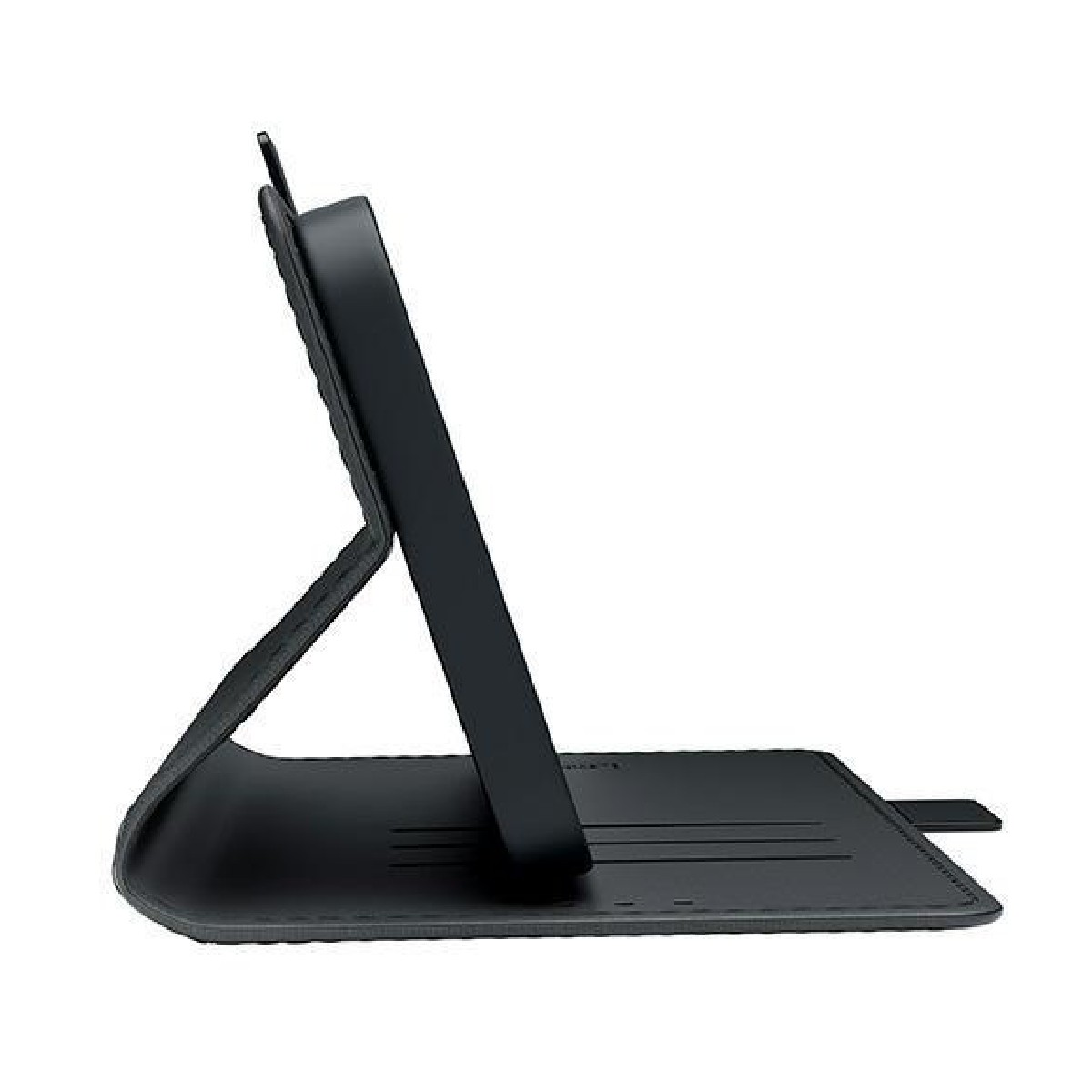 Czarne etui na telefon w kształcie portfela, stojące, z telefonem w środku.