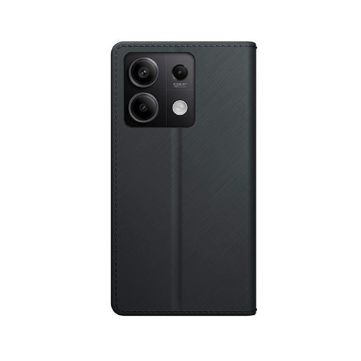 Czarny telefon w czarnym etui. Telefon ma moduł aparatu, etui jest zamknięte.