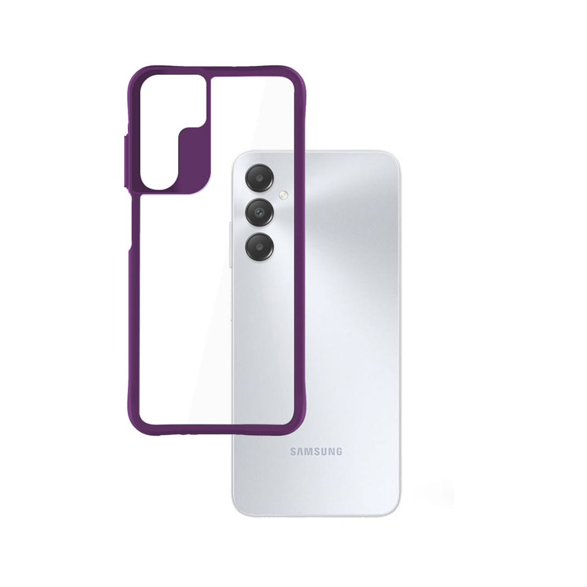 Una custodia viola per telefono con una custodia trasparente accanto a un telefono bianco.