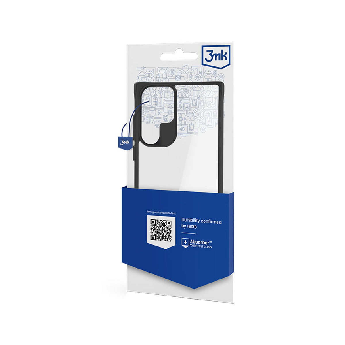 Una confezione per custodia del telefono. La confezione è bianca e blu e presenta l'immagine della custodia.