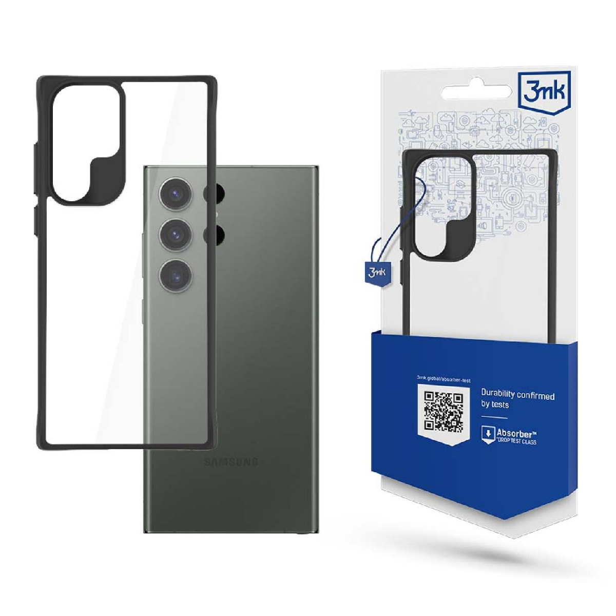 Un telefono in una custodia trasparente, accanto a un telefono nero con una confezione.