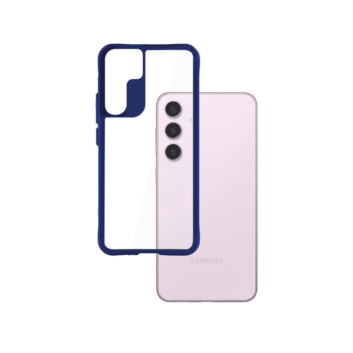 Un telefono Samsung rosa con una custodia blu scuro accanto, entrambi su sfondo bianco.