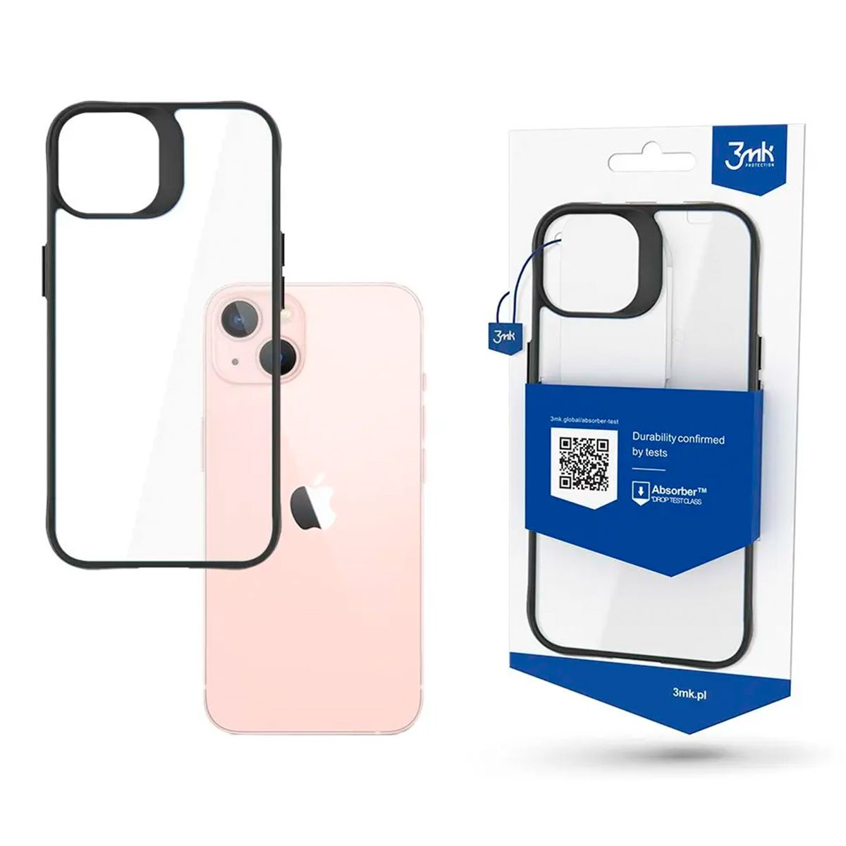 Un iPhone rosa con una custodia nera e una scatola del prodotto con il marchio 3mk.