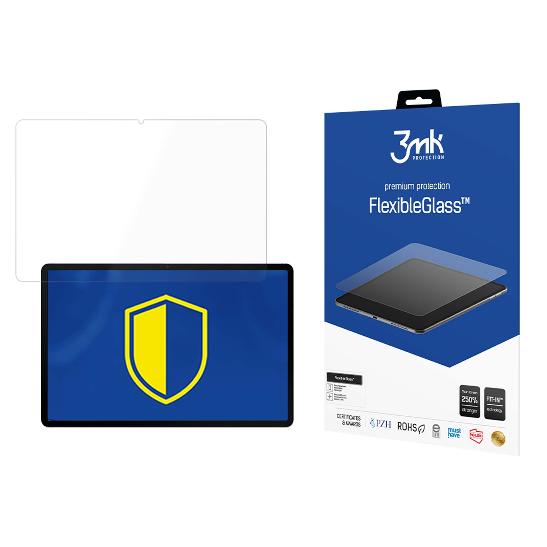 Tablet z ochroną ekranu i opakowaniem. Opakowanie z nazwą marki po prawej.