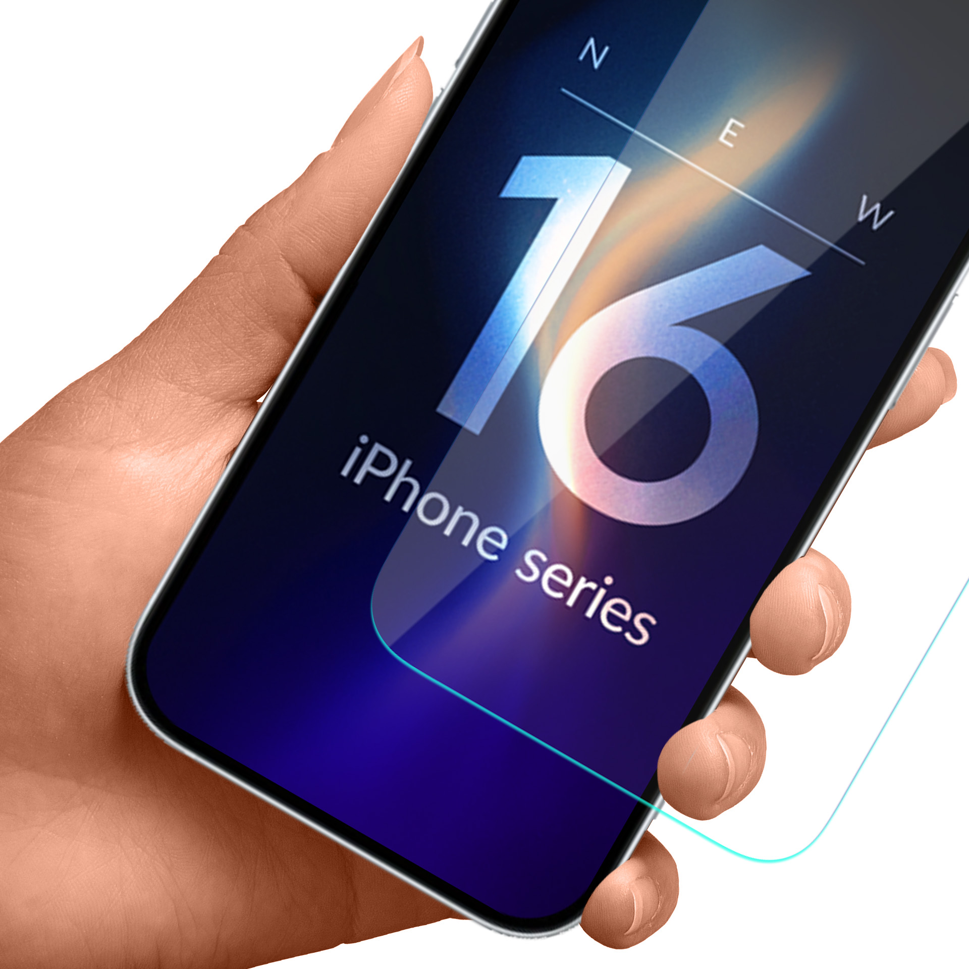 Dłoń trzyma telefon z ochraniaczem ekranu, pokazując iPhone 16.