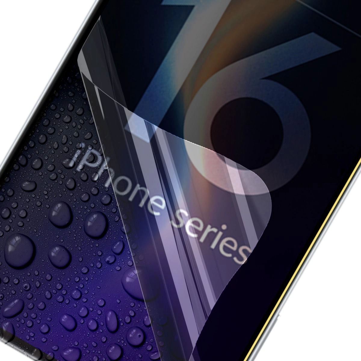 Ochraniacz ekranu iPhone 16, z kroplami wody na ekranie i nazwą.