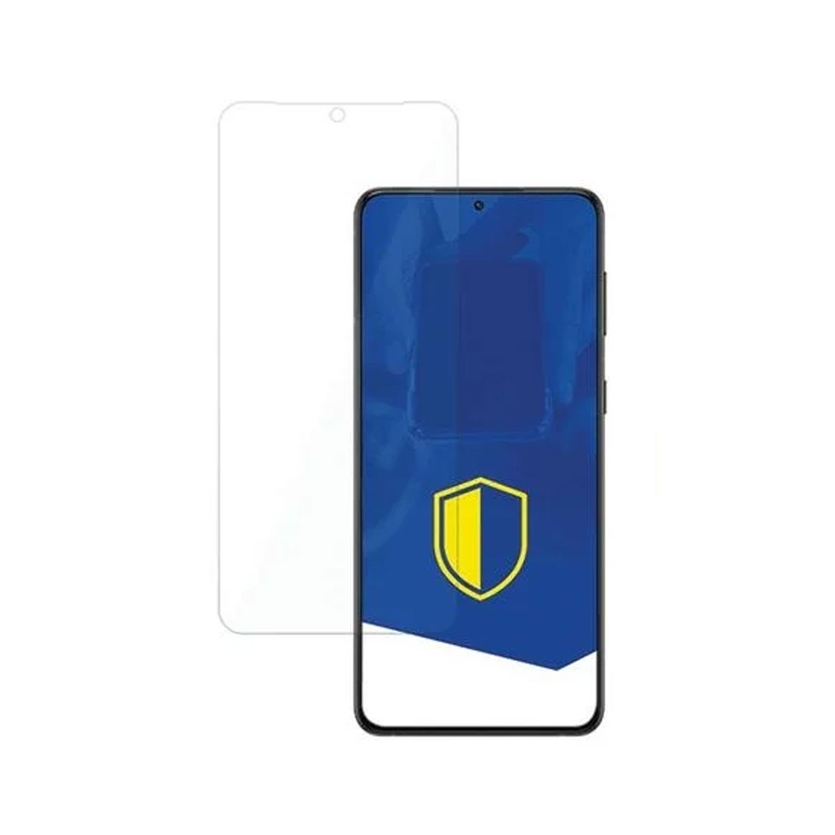 Una protezione schermo per telefono accanto al telefono, con un logo a scudo sul telefono.