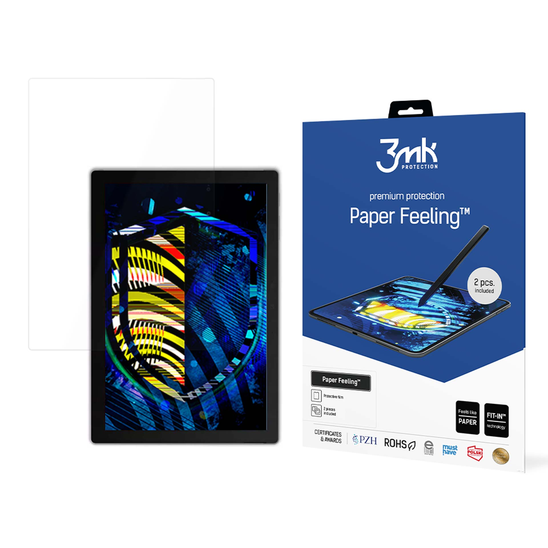 Ein Tablet-Displayschutz neben einem Tablet und seiner Box, mit einem Stiftsymbol auf der Box.