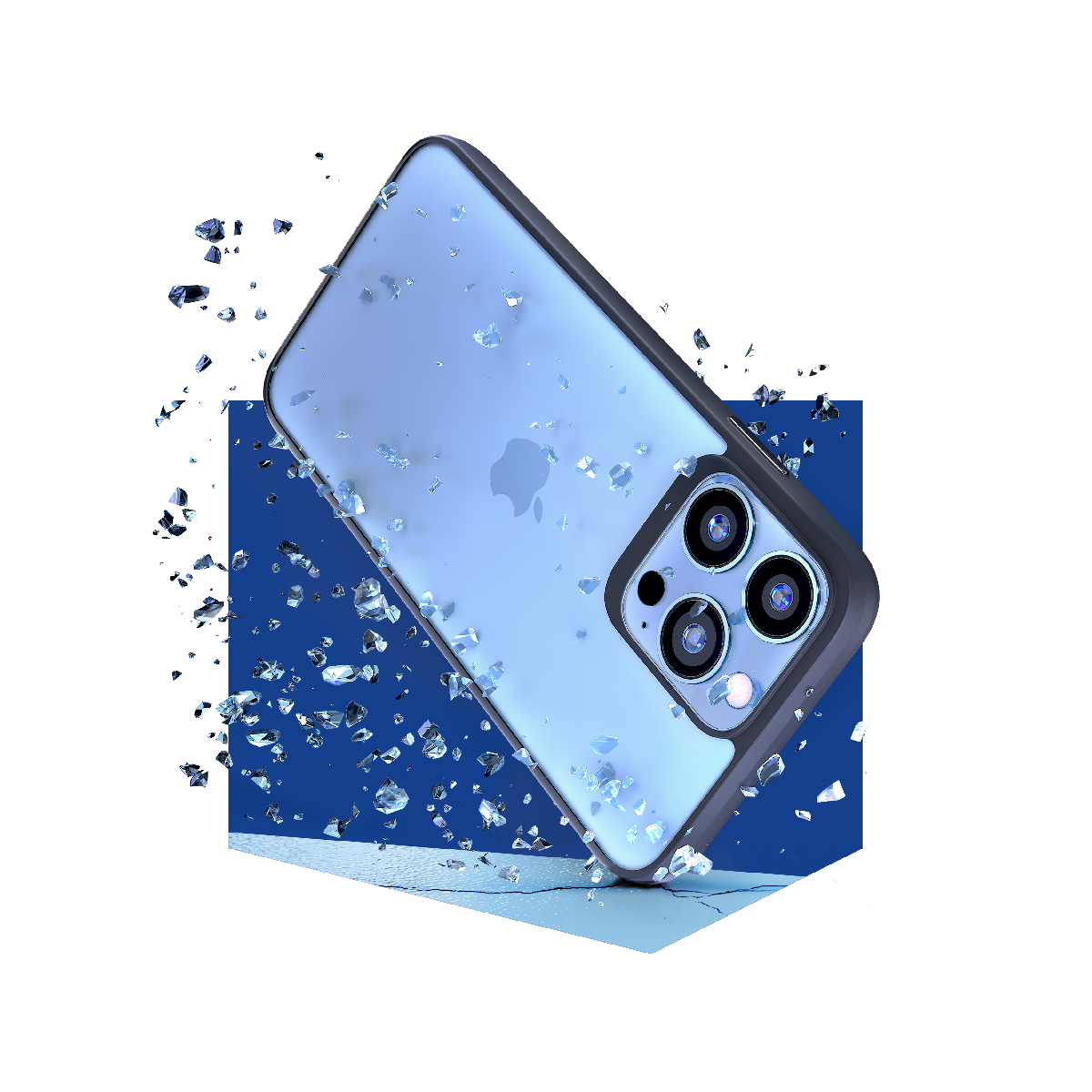 Telefon z etui, pękające szkło. Telefon jest niebieski i ma logo Apple.