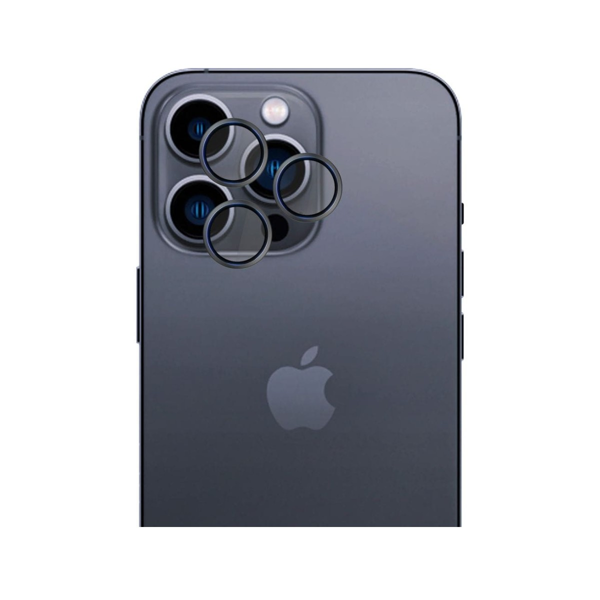 Un retro telefono grigio scuro con protezioni per lenti. C'è un logo Apple sul retro.