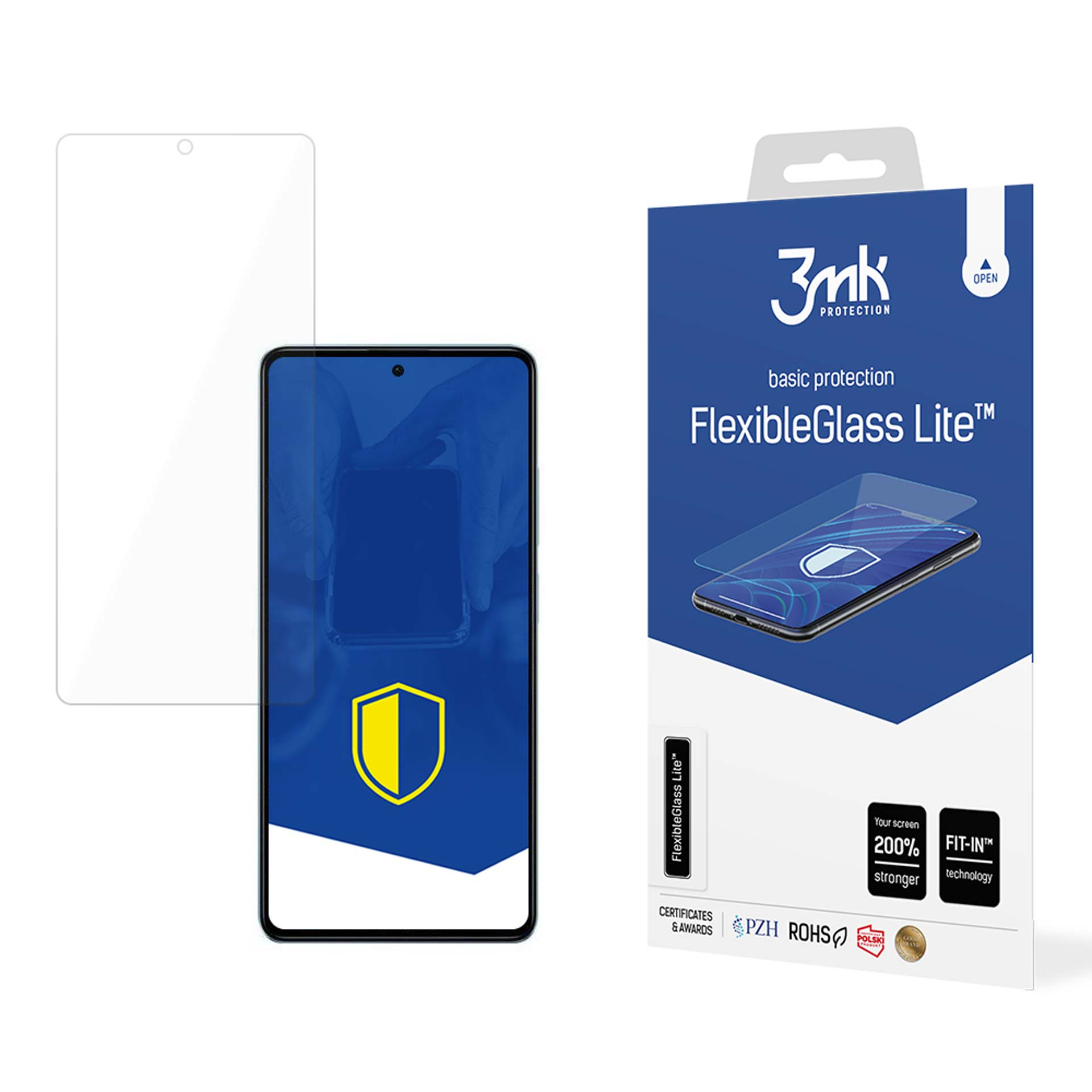 Telefono con protezione schermo e scatola del prodotto, in bianco e nero.