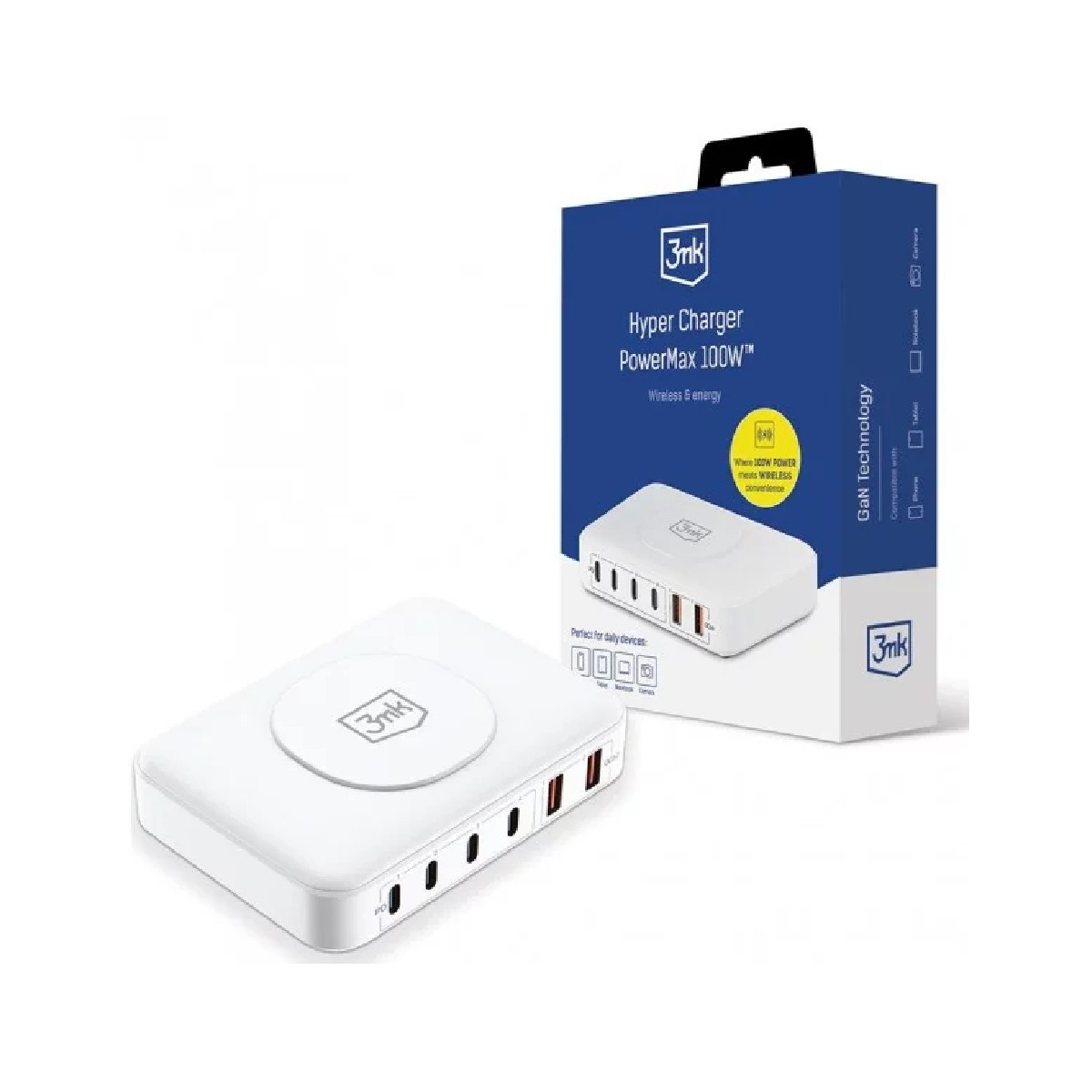 Biała ładowarka z wieloma portami i pudełko w tle. Ładowarka ma logo marki.