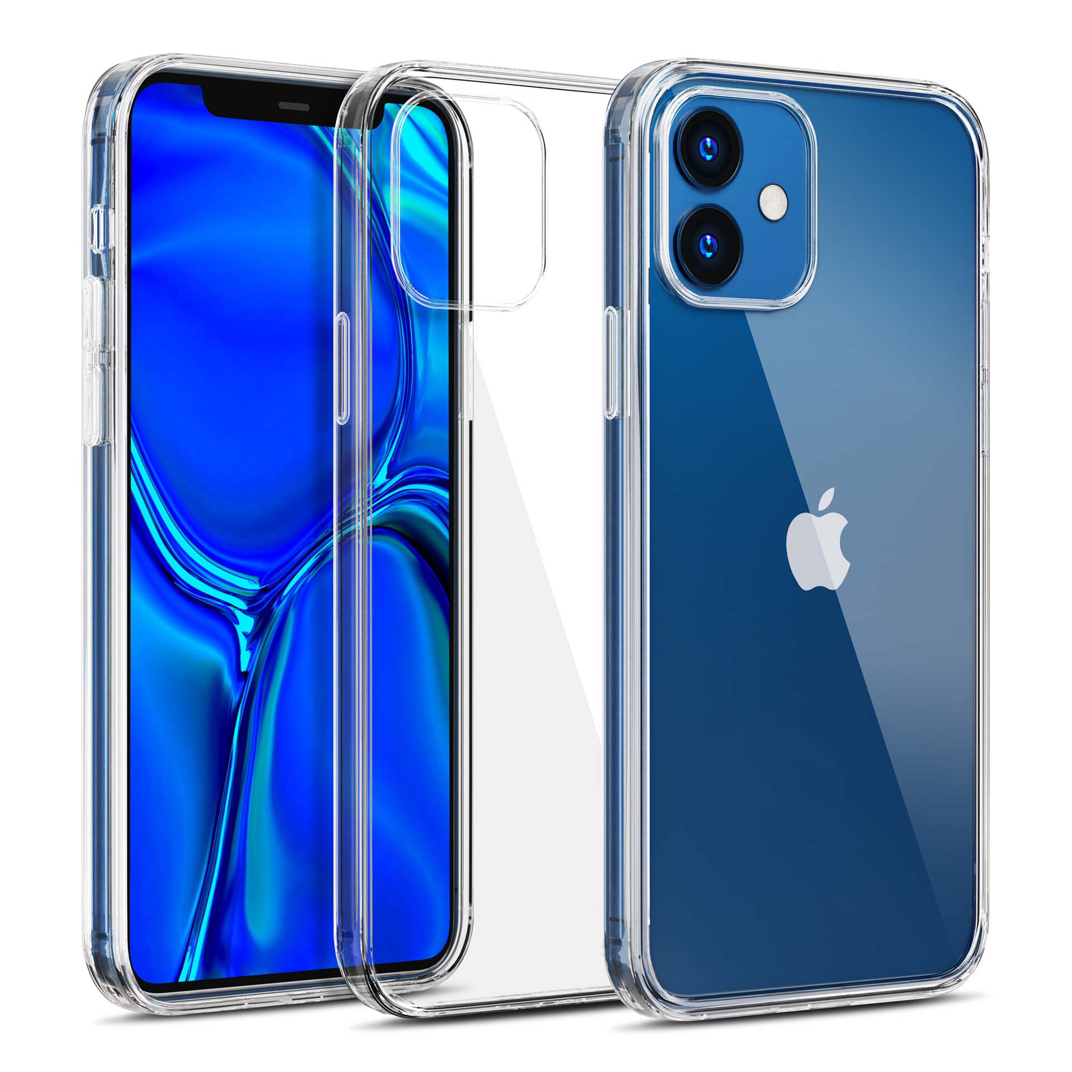 Przezroczyste etui na telefon pokazują niebieskiego iPhone'a z dwoma kamerami i logo Apple.