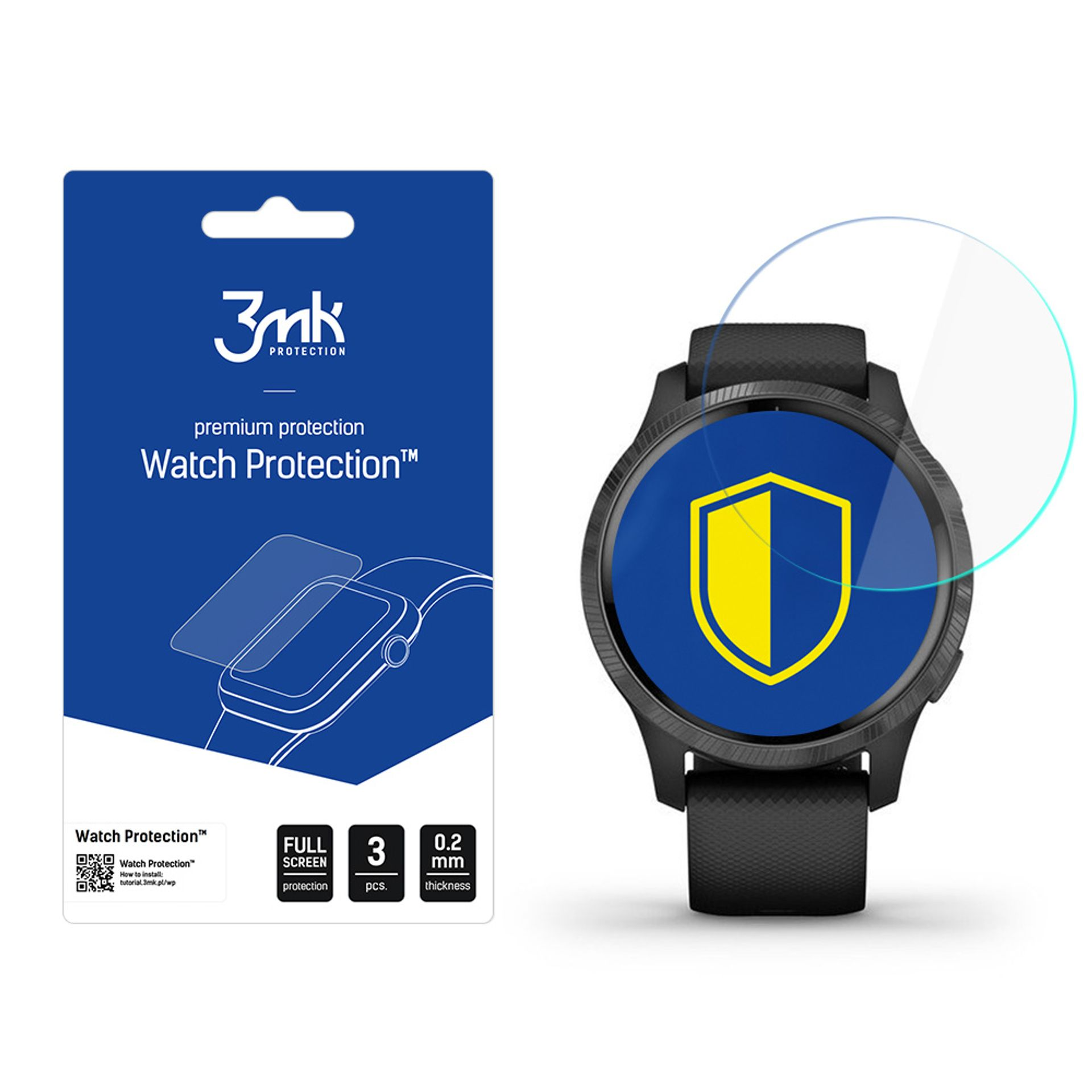 Smartwatch z ochroną ekranu i opakowaniem. Tarcza zegarka wyświetla logo tarczy.