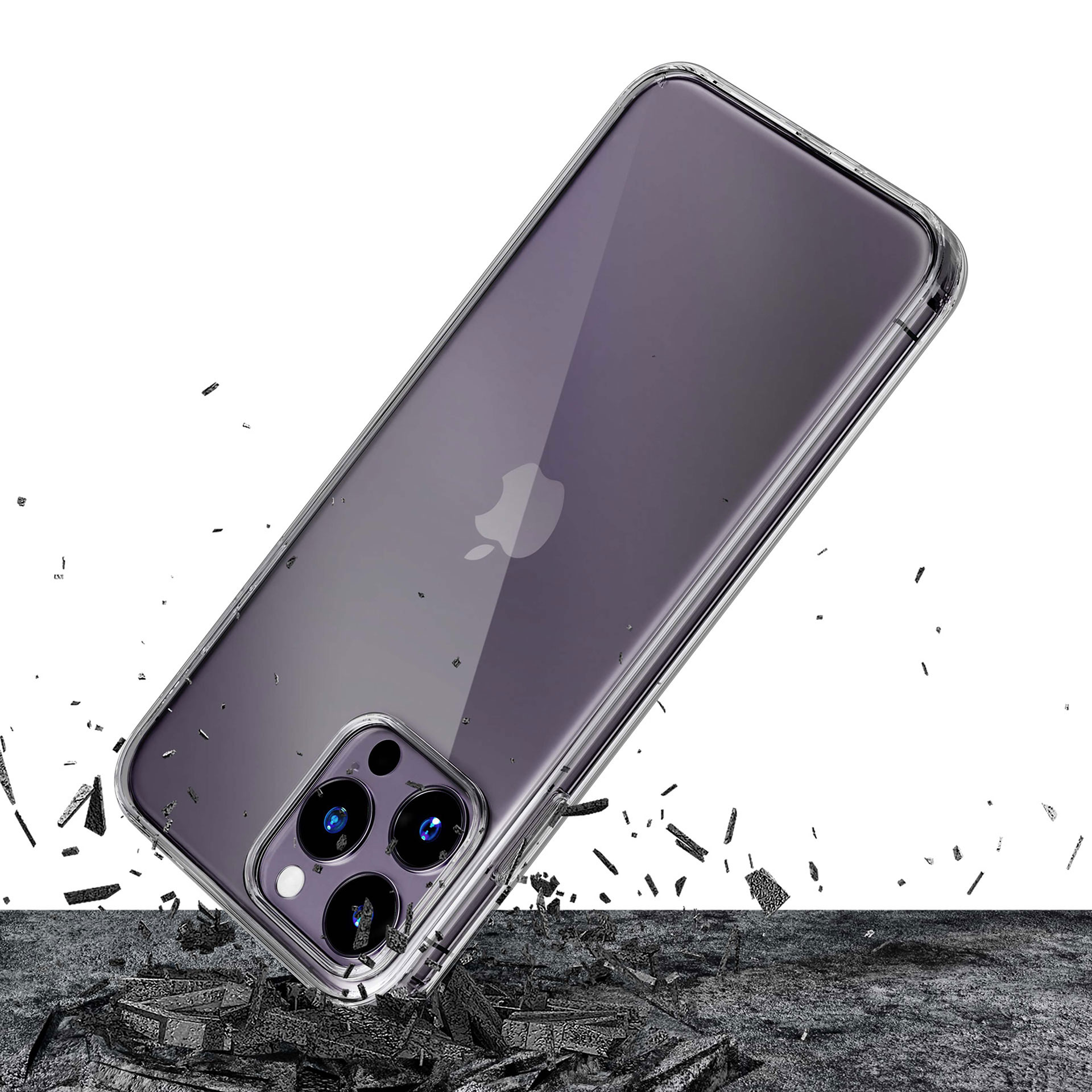 Przezroczyste etui na telefon podczas uderzenia, pokazujące kamery telefonu i logo Apple.