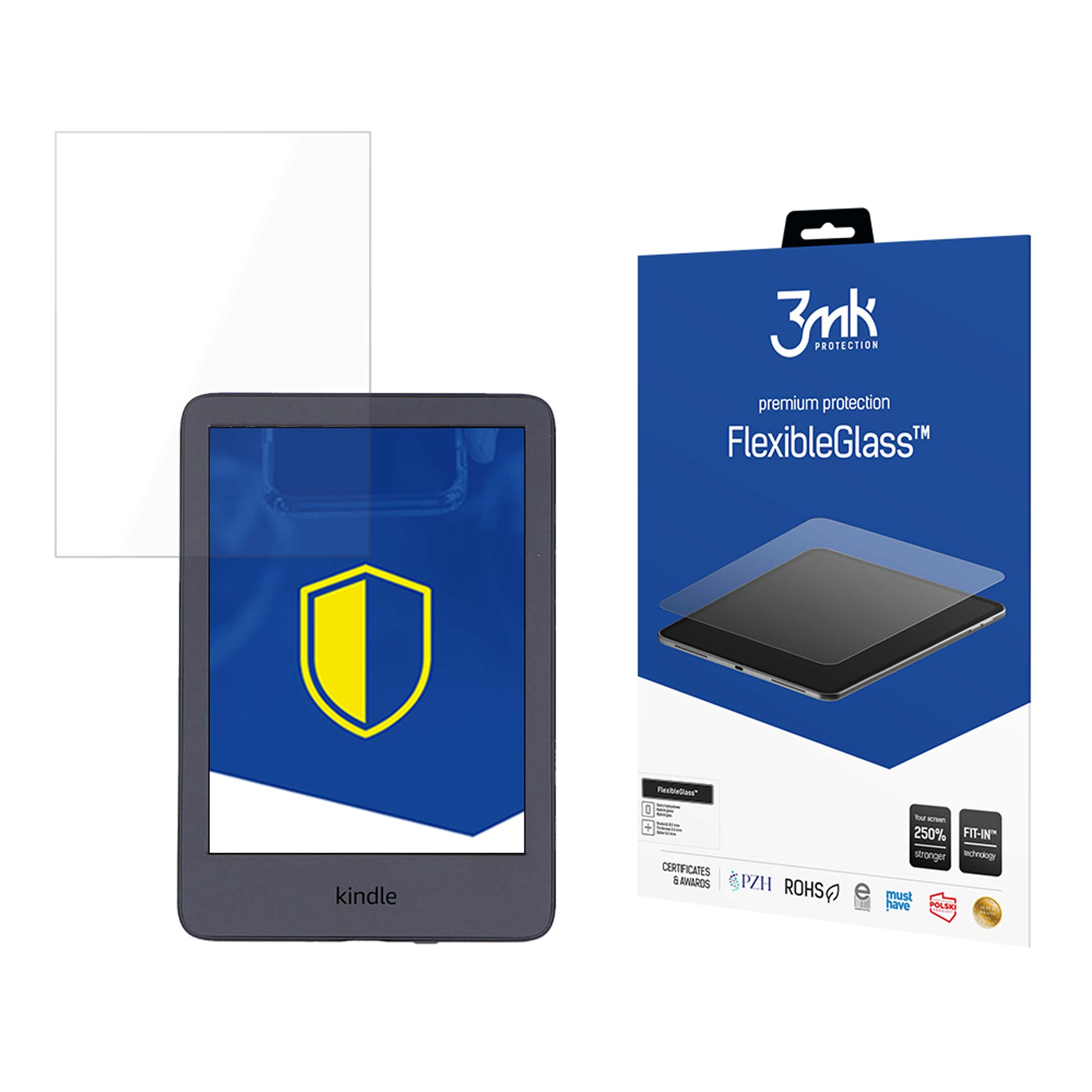 Kindle con protezione schermo e scatola. Kindle ha uno scudo sullo schermo. La scatola ha un'immagine del Kindle.