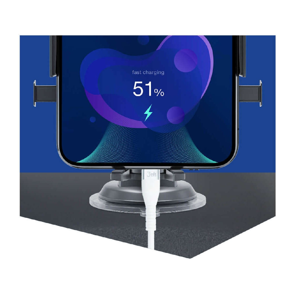 Telefon w trakcie ładowania, ekran pokazuje 51% szybkiego ładowania. Biały kabel.