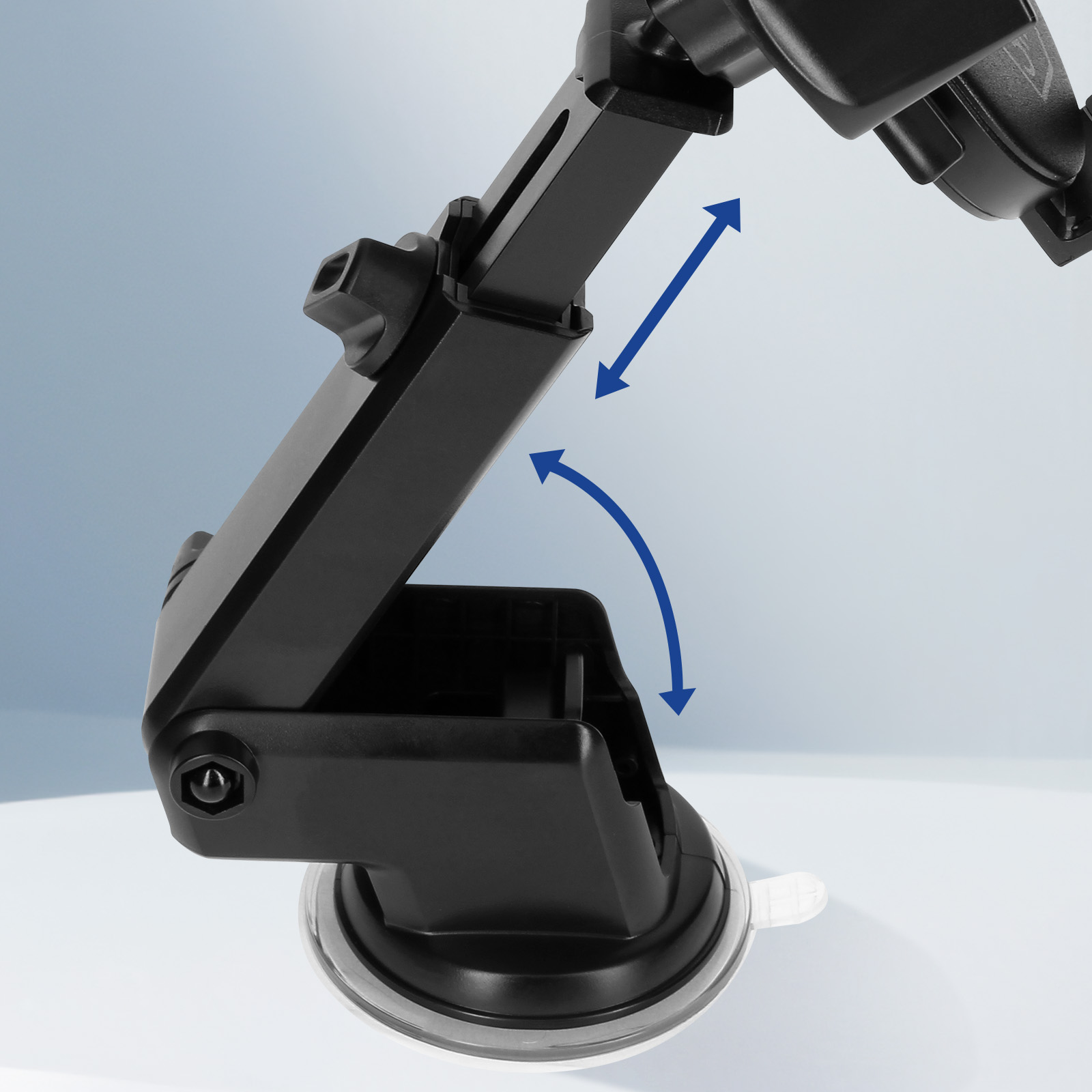 Czarny uchwyt na telefon samochodowy. Strzałki pokazują kierunki regulacji. Białe i niebieskie tło.