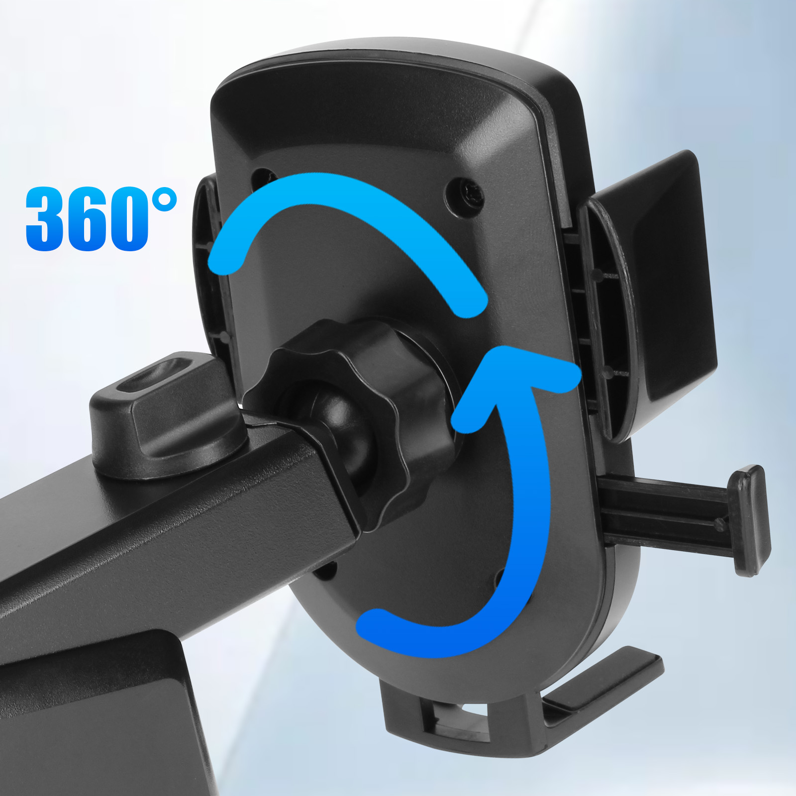 Czarny uchwyt na telefon ze strzałką wskazującą obrót o 360 stopni.