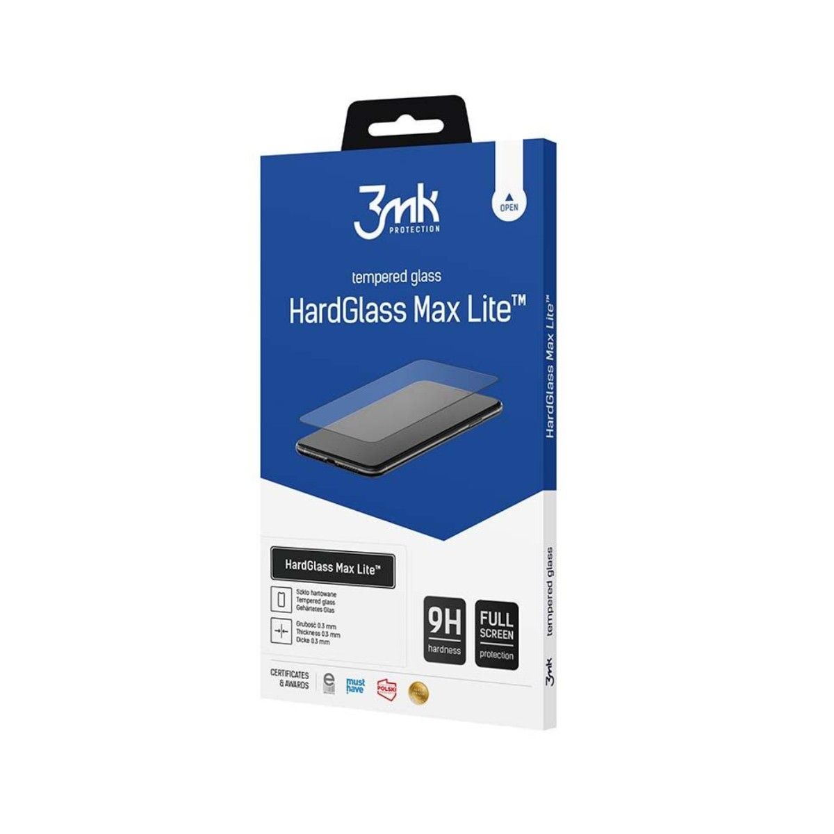 Niebieskie pudełko z ochraniaczem na telefon, obrazem telefonu i tekstem. Na pudełku znajduje się telefon.