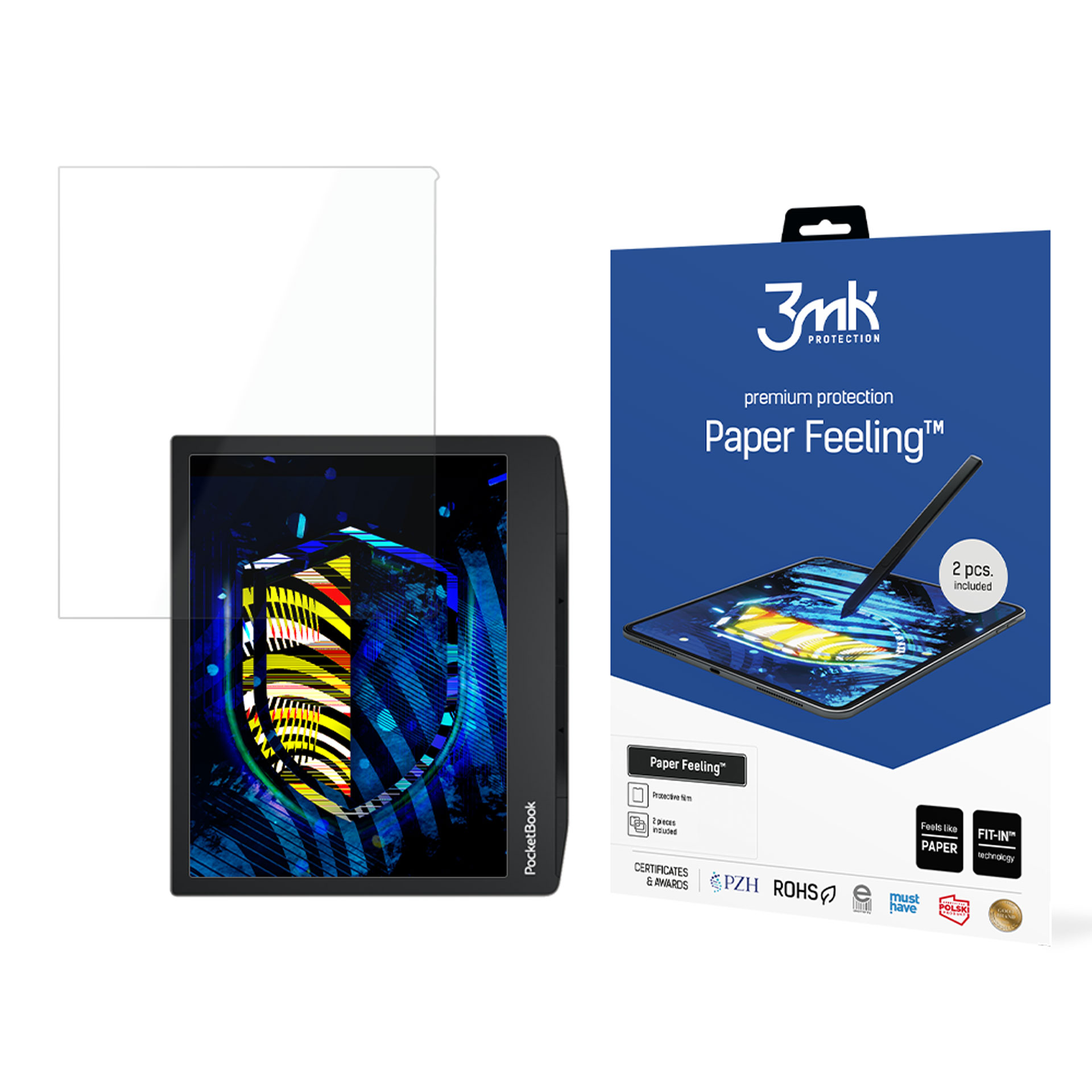 Tablet z ochraniaczem ekranu i niebieskim pudełkiem. Tablet ma kolorową grafikę na ekranie.