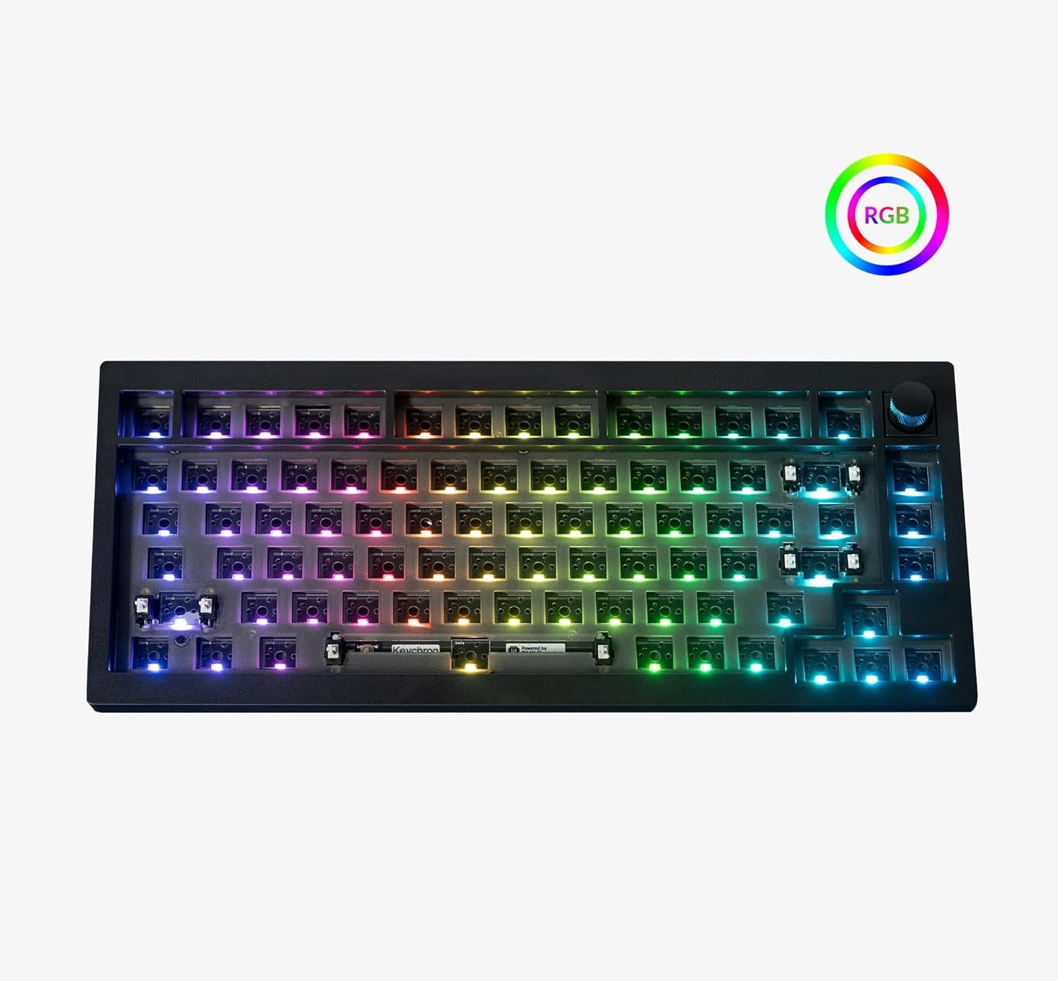 Klawiatura z podświetleniem RGB. Klawisze są przezroczyste. Tło jest białe.