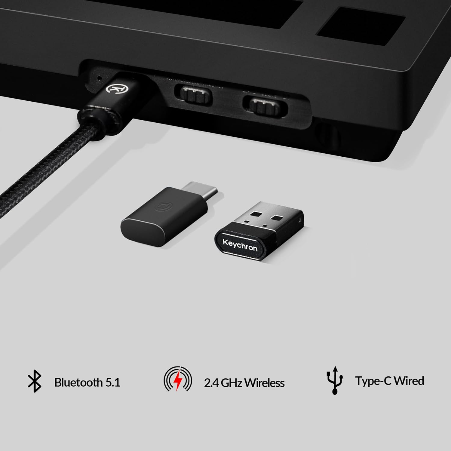 Klawiatura z kablem USB-C, odbiornikiem USB, ikonami Bluetooth 5.1, 2,4 GHz, Type-C.