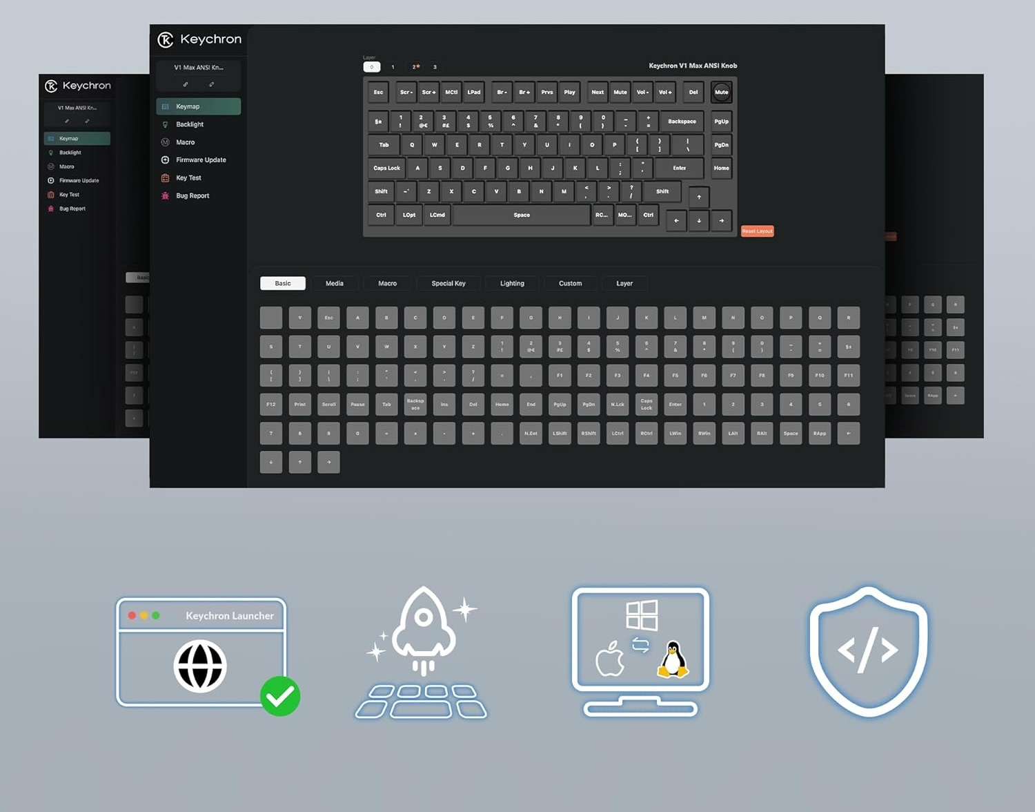 Ekran układu klawiatury z wieloma kartami. Ikony Keychron Launcher, rakiety, komputera i tarczy na dole.