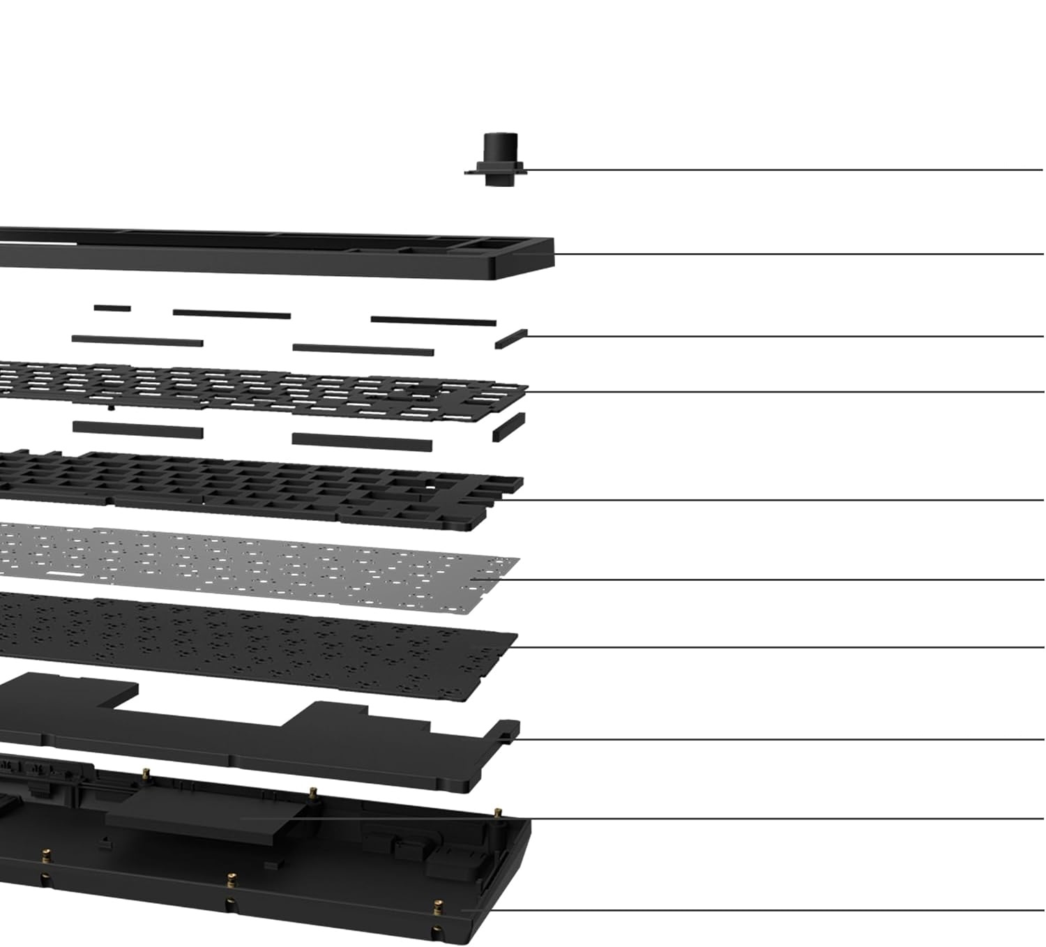 Widok rozłożony czarnej klawiatury mechanicznej, pokazujący warstwy i komponenty.