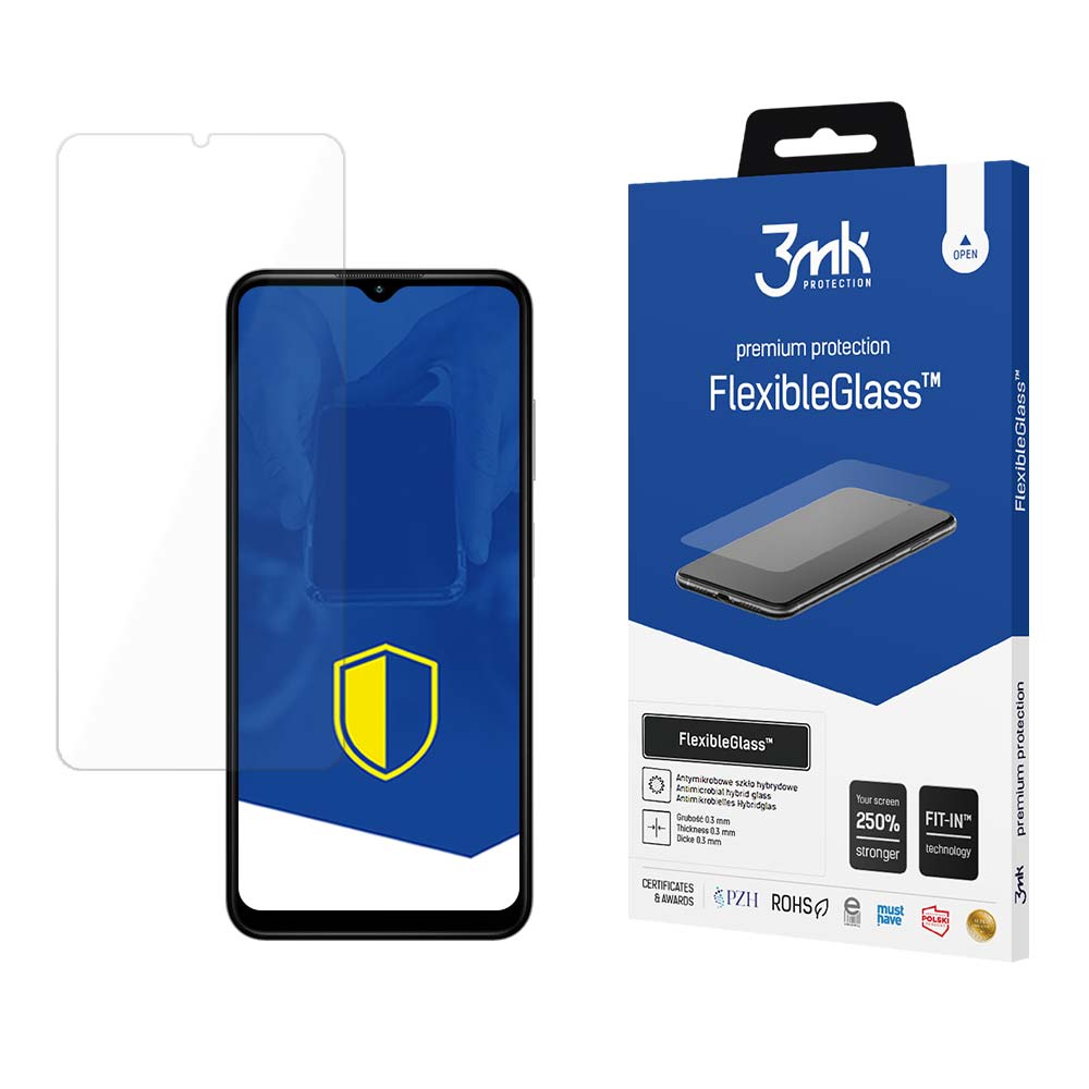 Un proteggi schermo, un telefono con proteggi schermo e una scatola di FlexibleGlass per telefono sono mostrati.