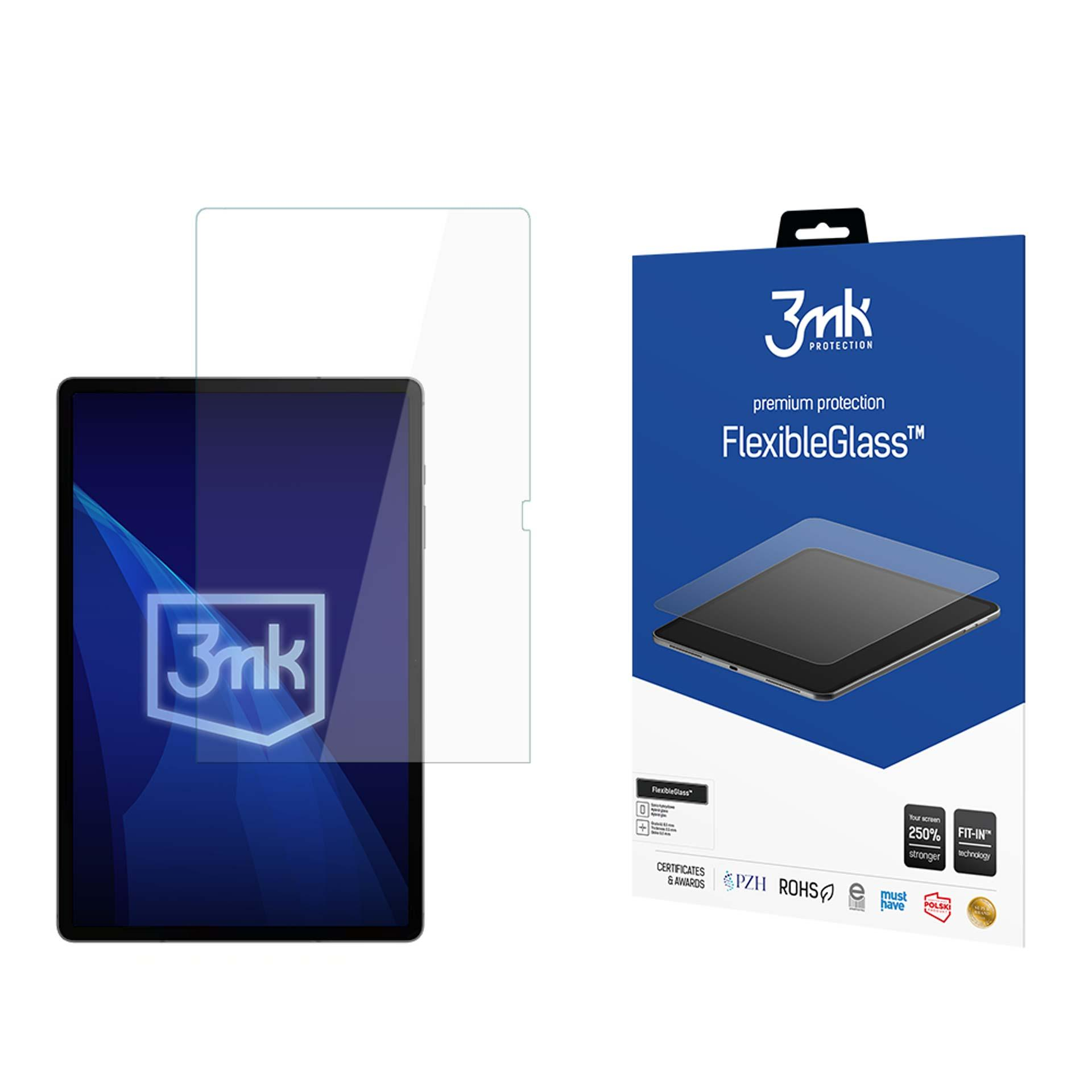 Un tablet con una protezione per lo schermo e una scatola del prodotto. Il tablet mostra il logo del marchio.