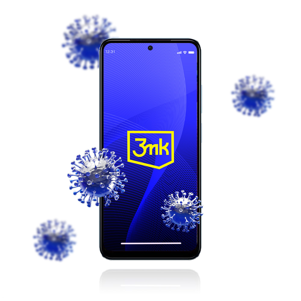 Telefon z niebieskim tłem i grafiką przypominającą wirusy unoszącą się wokół telefonu.