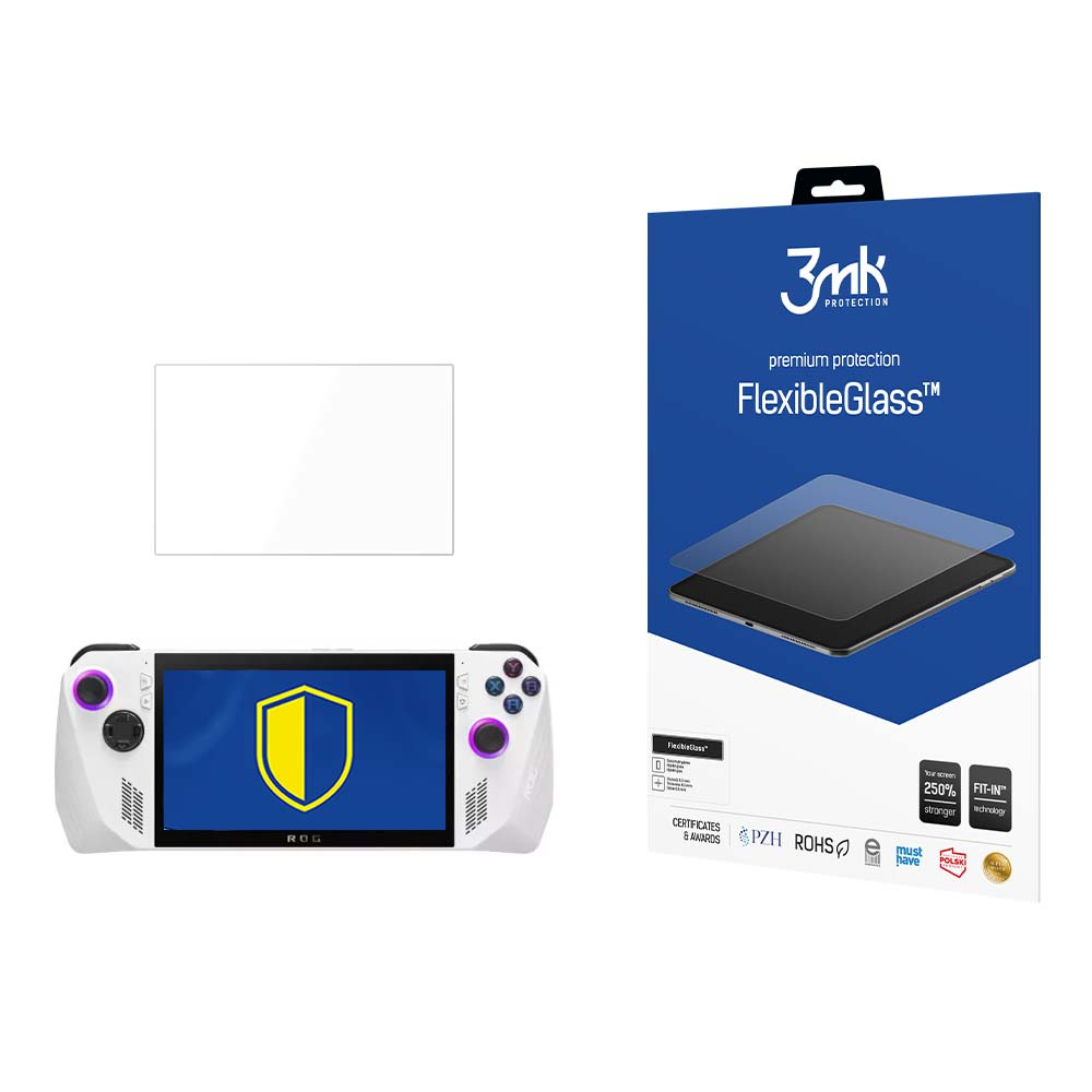 Konsola do gier i ochraniacz ekranu obok pudełka produktu. Na pudełku napis FlexibleGlass i 3mk Protection.