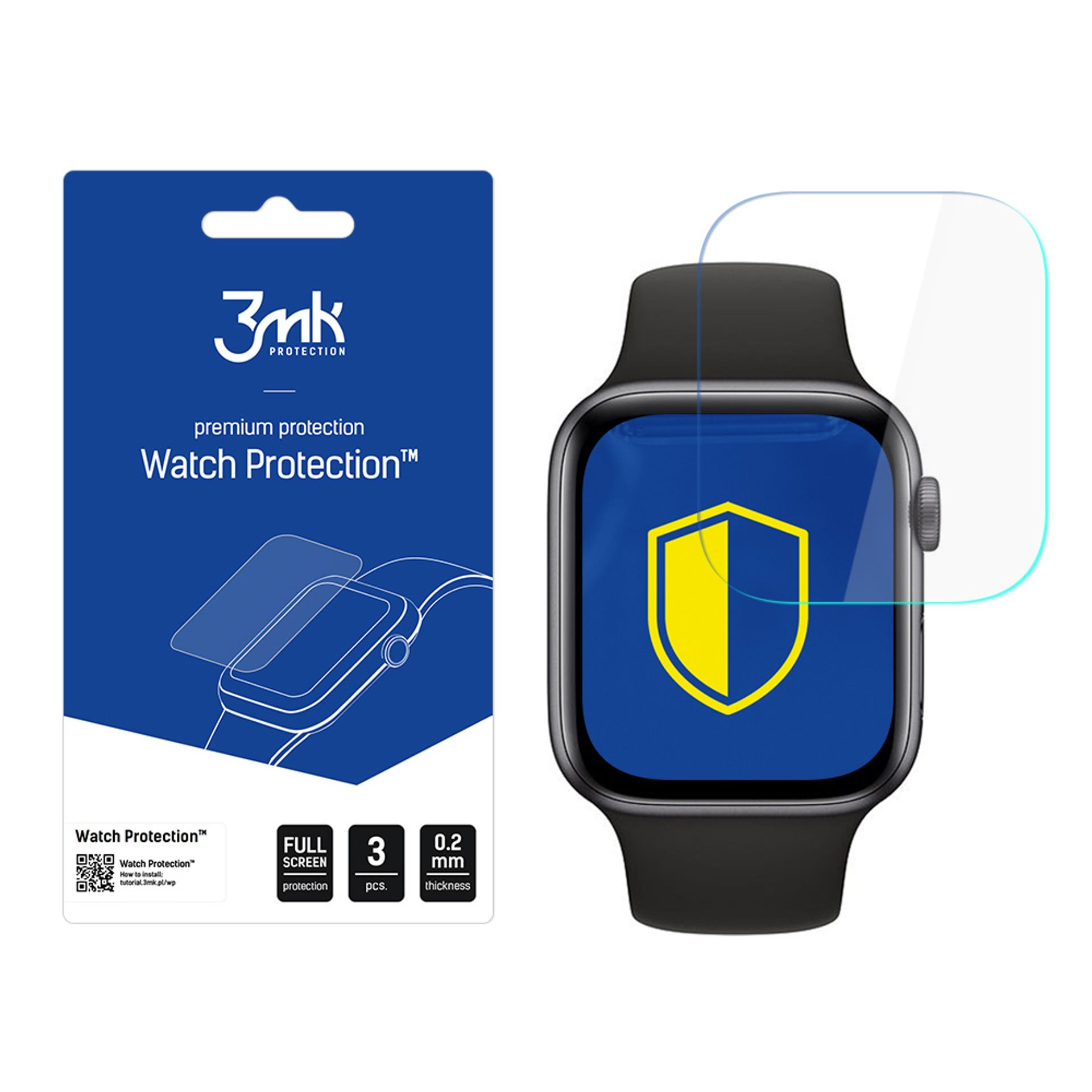 Smartwatch z ochraniaczem ekranu obok opakowania produktu. Na opakowaniu napis Watch Protection i 3mk.