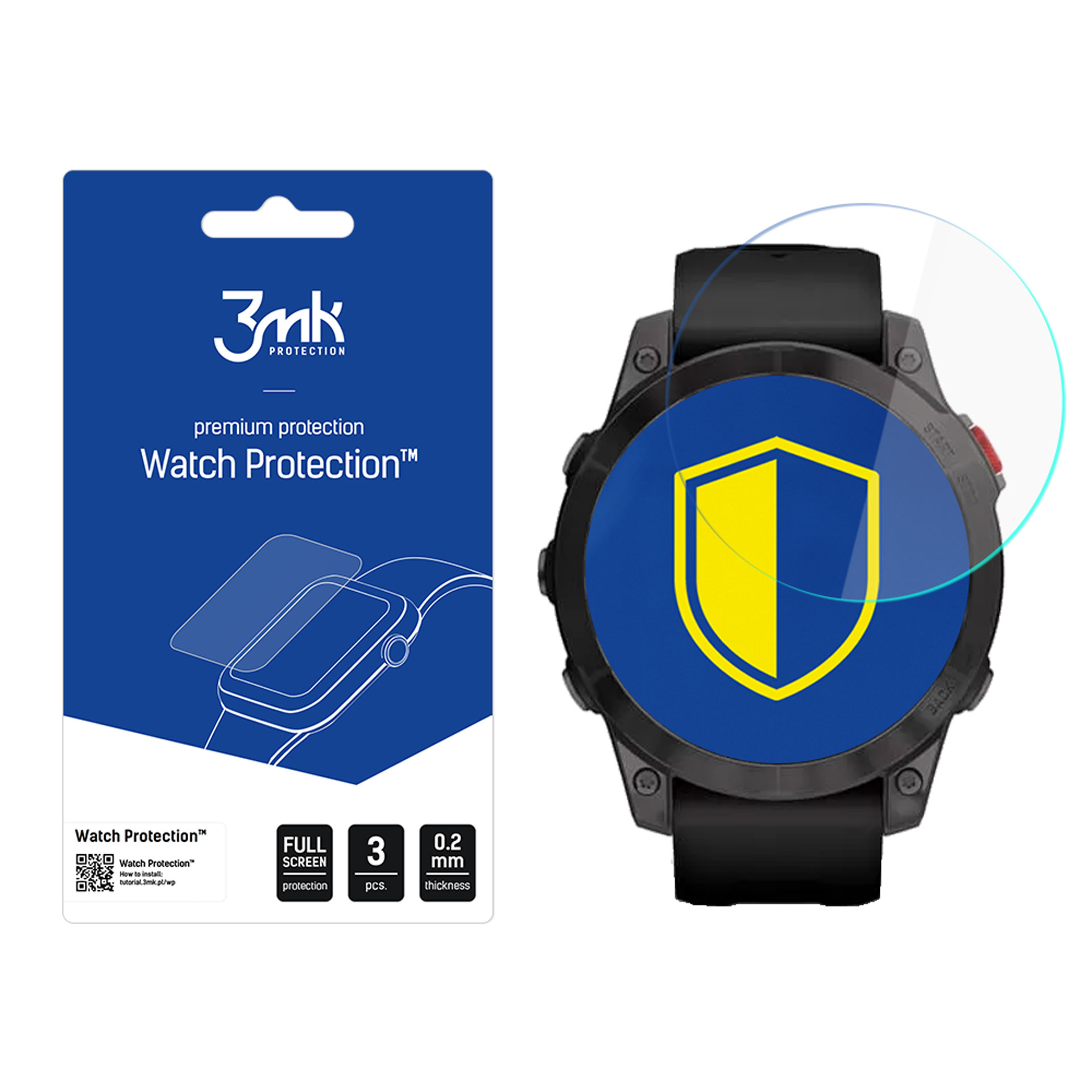 Smartwatch nero con protezione schermo e pacchetto 3mk Watch Protection.