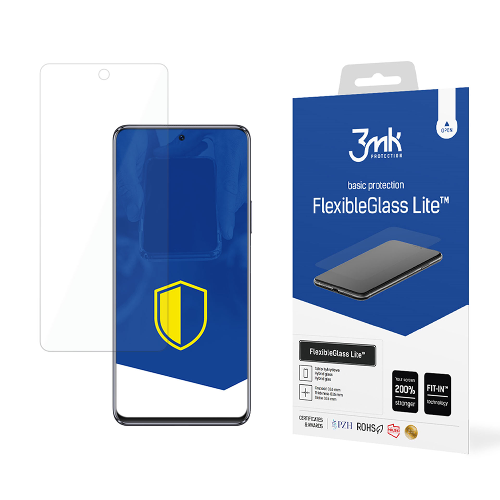 Un telefono e una protezione schermo accanto a una confezione del prodotto. La confezione dice FlexibleGlass Lite e 3mk Protection.