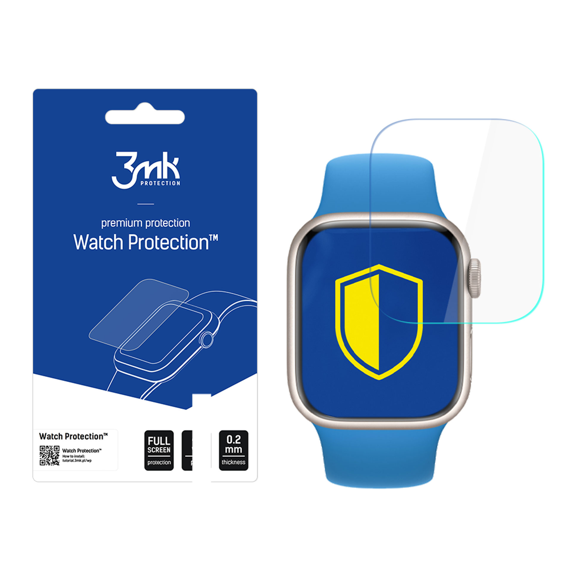 Niebieski smartwatch z ochroną ekranu, opakowaniem 3mk Watch Protection i niebieskim paskiem.