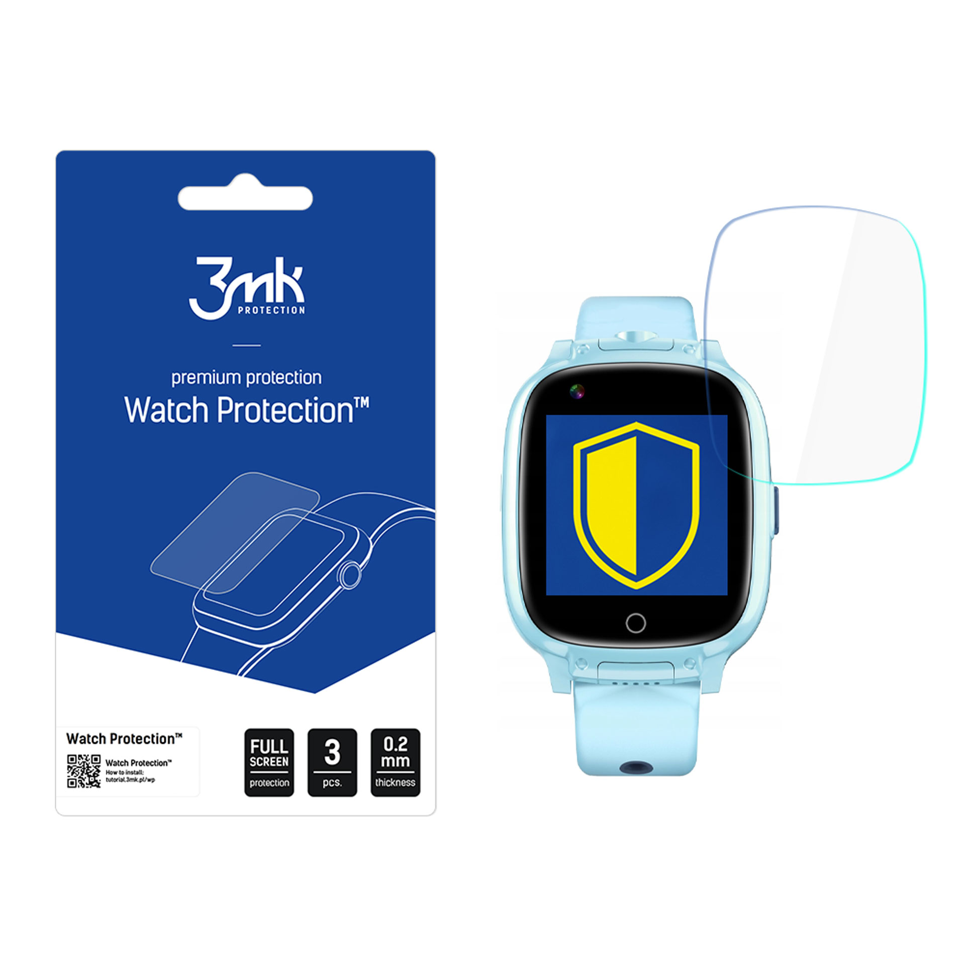 Uno smartwatch blu con protezione schermo, una confezione con l'immagine di un orologio e schermo.