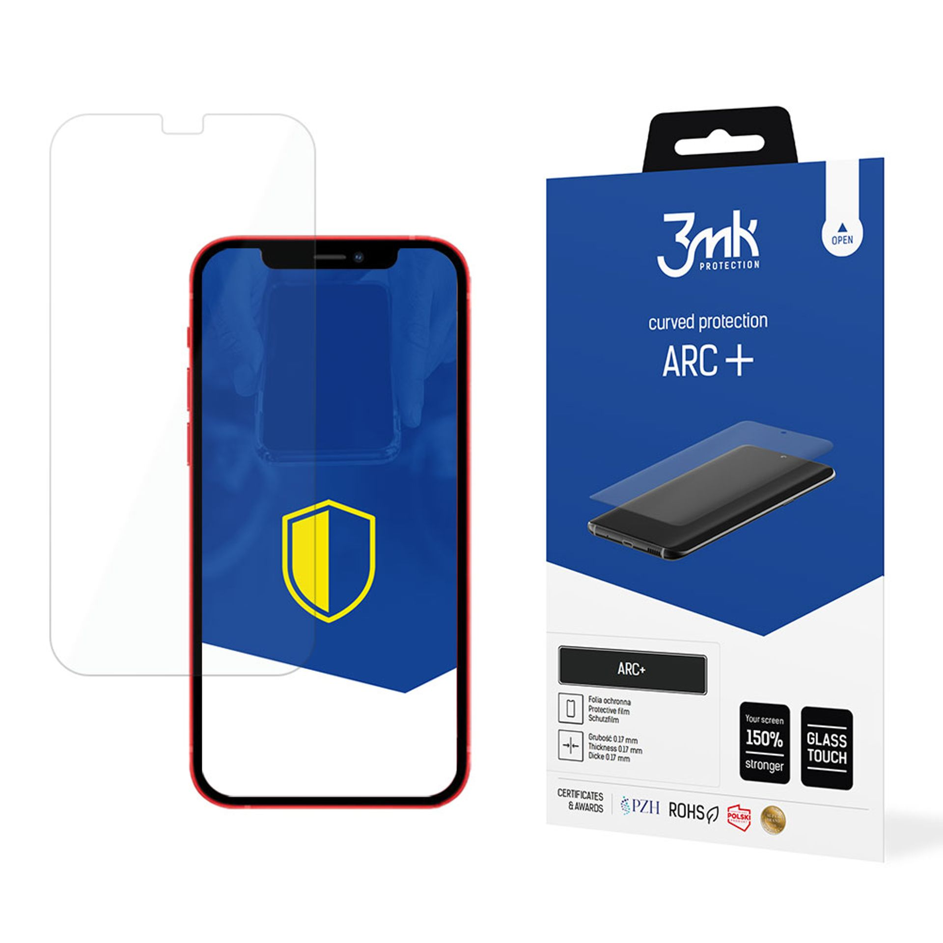 Czerwony telefon z ochraniaczem i pudełkiem ze zdjęciem telefonu. Ikona tarczy na ekranie. Białe tło.